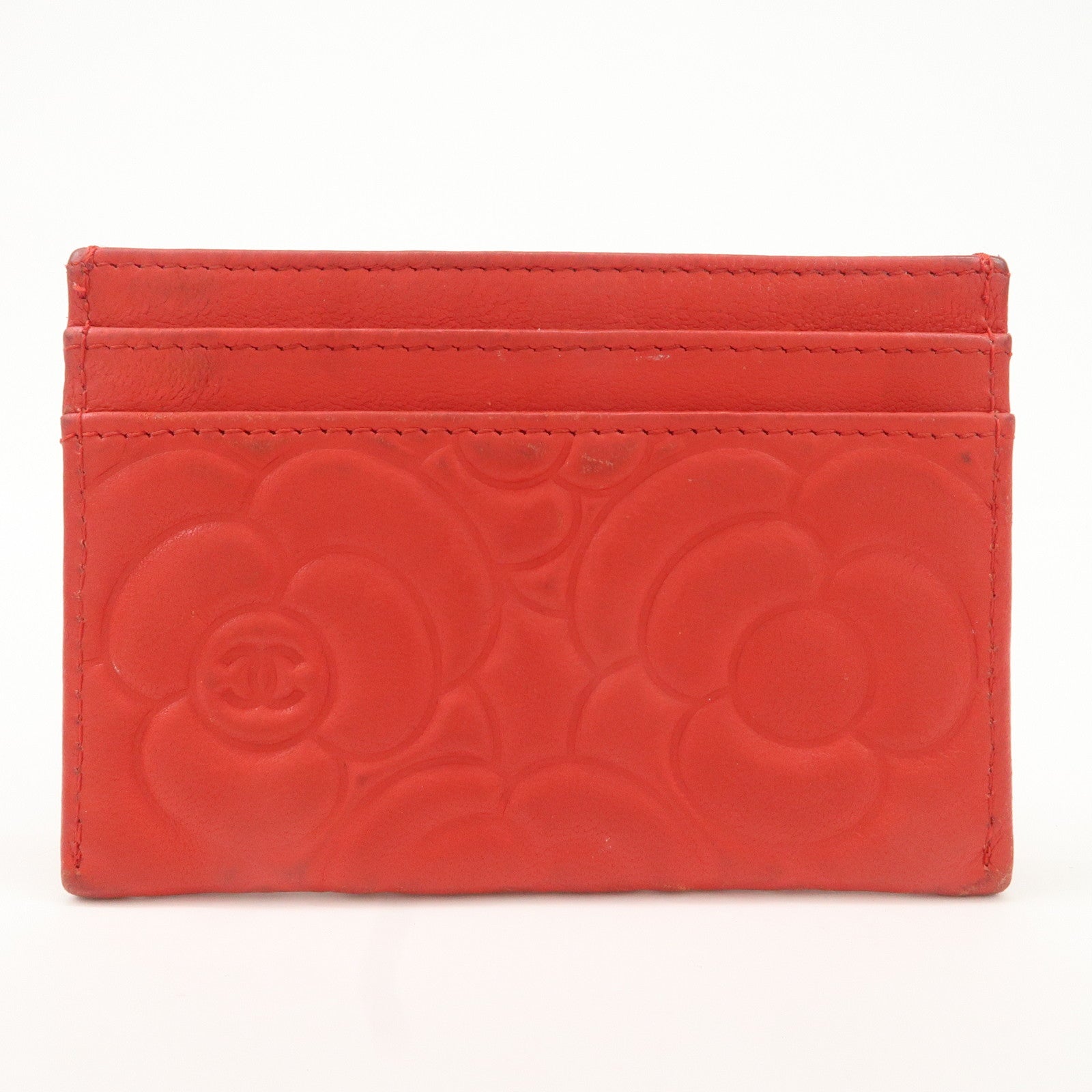 CHANEL Camellia Lambskin Embossed Card Case Red A3173855 Used