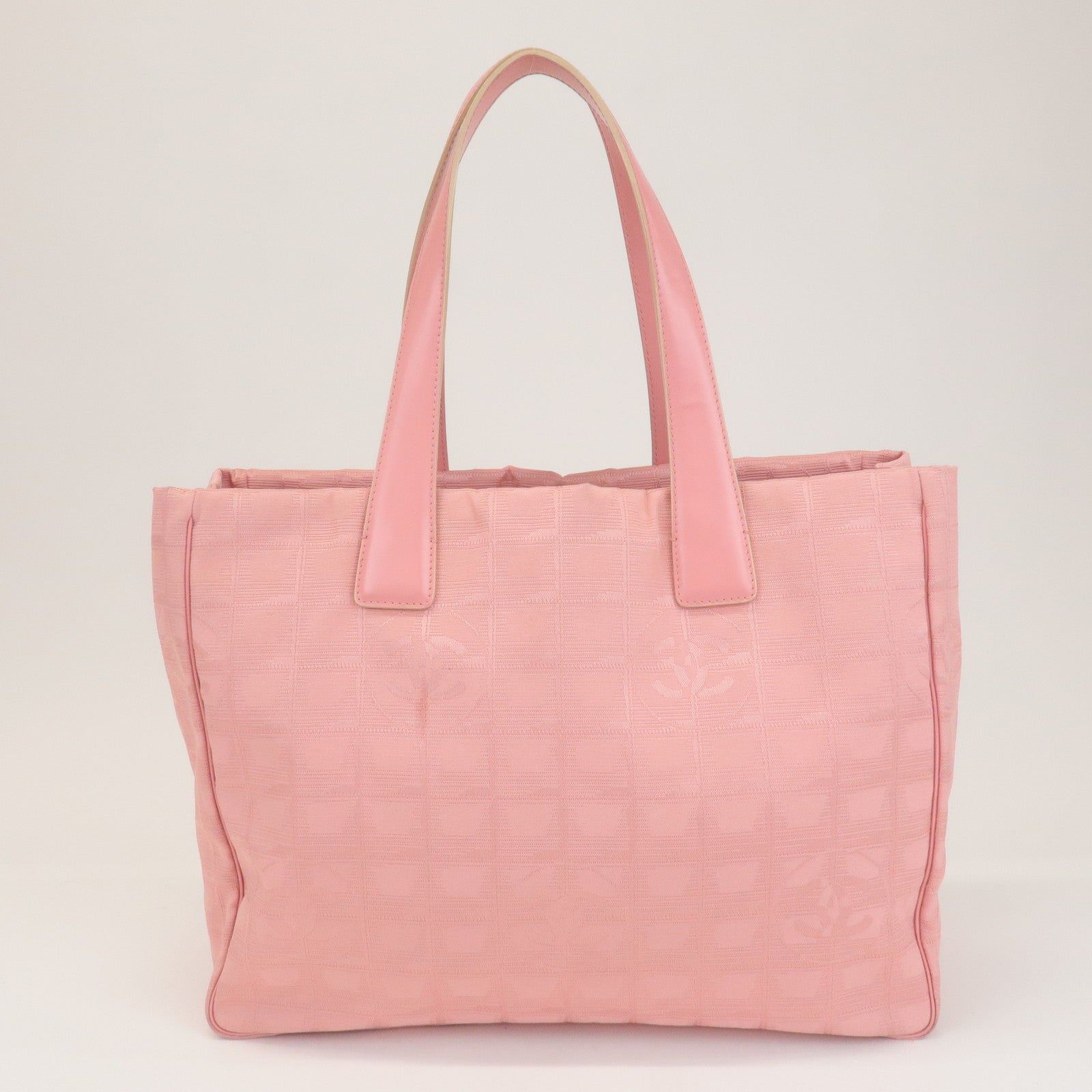 CHANEL New Travel Line Nylon Jacquard Leather Tote Bag Pink A15991 Used