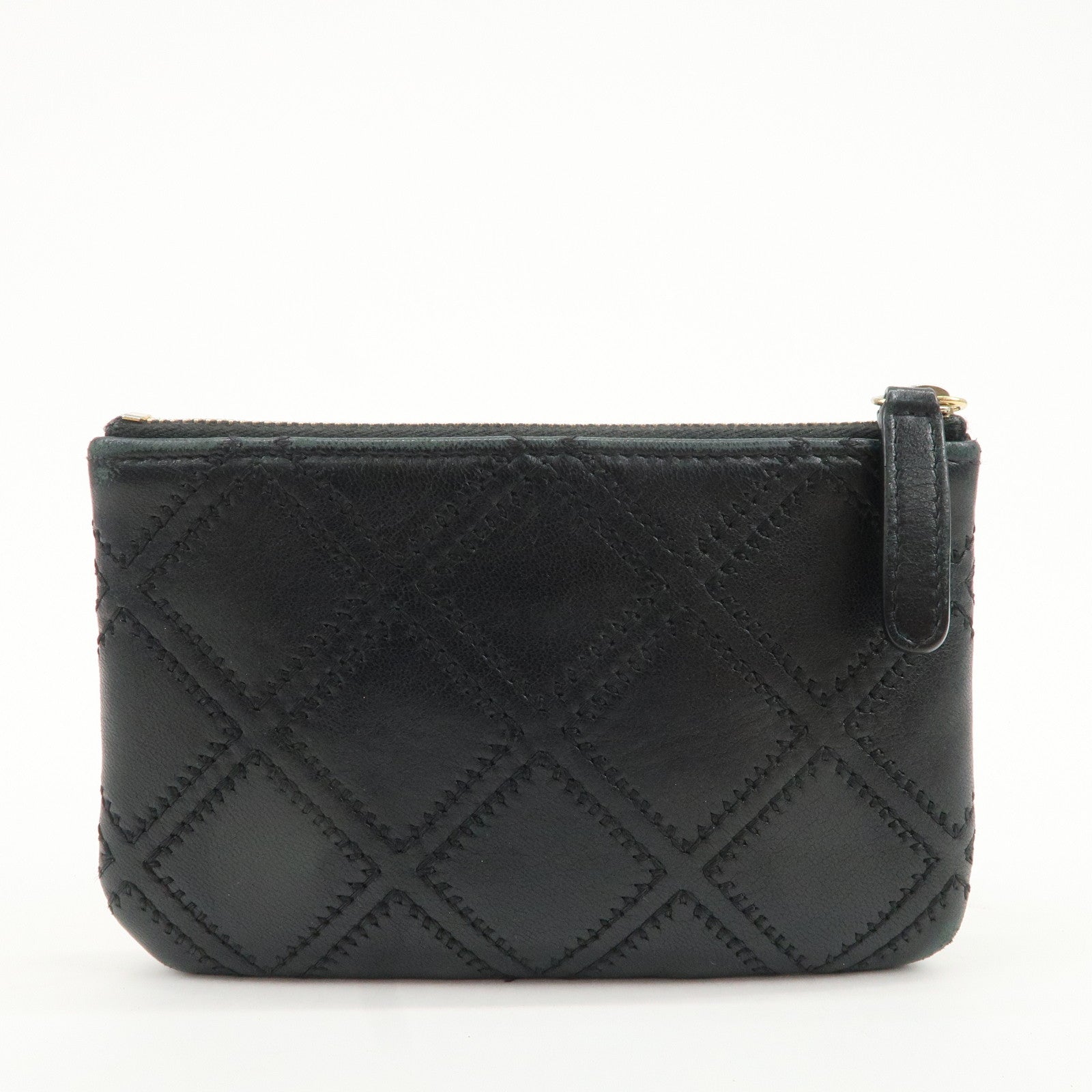 CHANEL Lamb Skin COCO Mark Double Stitch Pouch Black Used