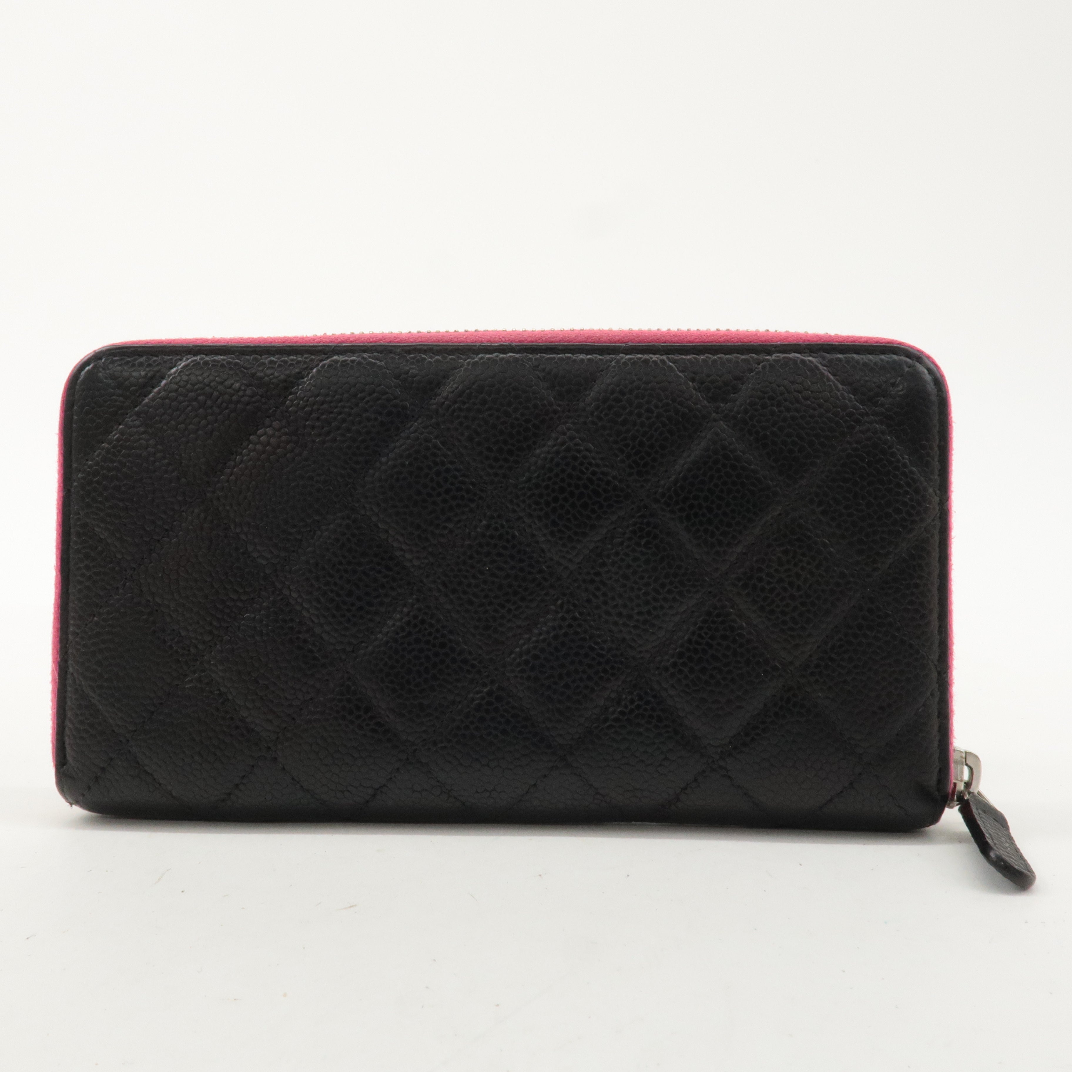 CHANEL Caviar Skin Zip Round Long Wallet Black Pink