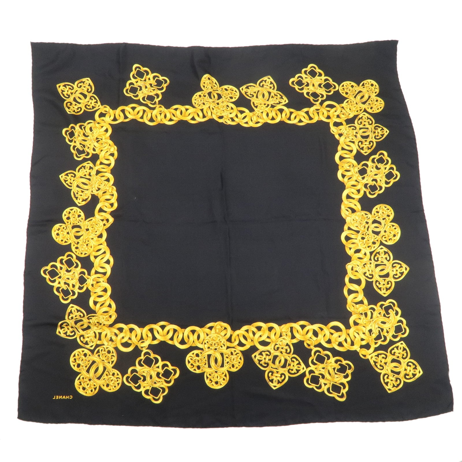 CHANEL Silk 100% Scarf 90×90 Black Gold Used