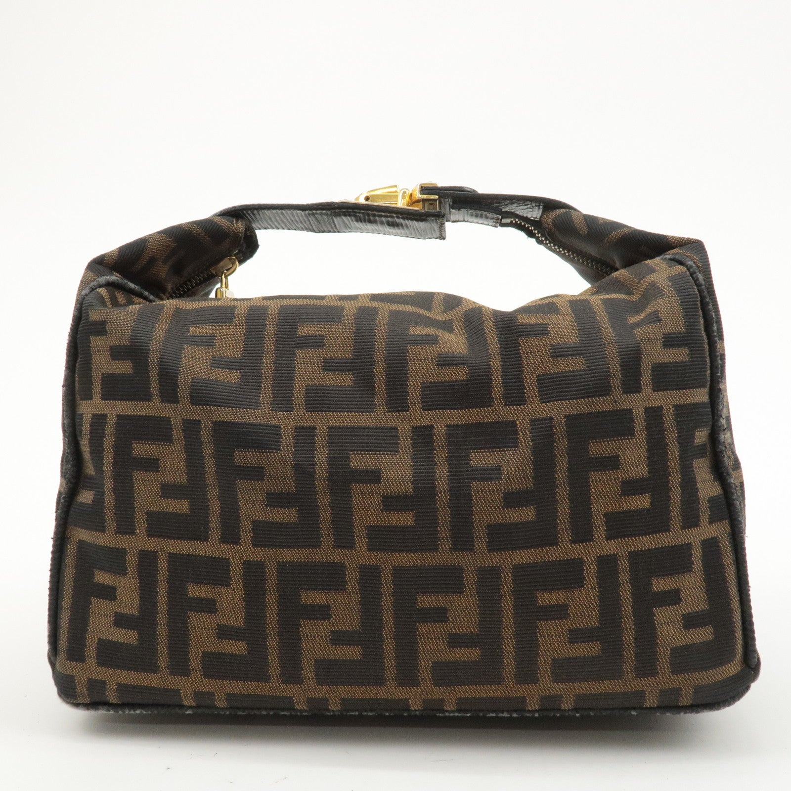 FENDI Zucca Canvas Leather Vanity Bag Khaki Brown Black