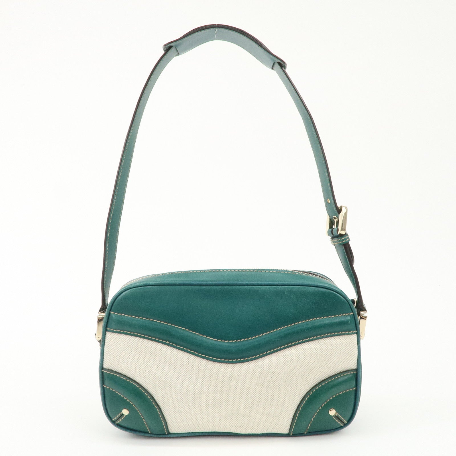 GUCCI Crest GG Canvas Leather Shoulder Bag Green Ivory 141448 Used