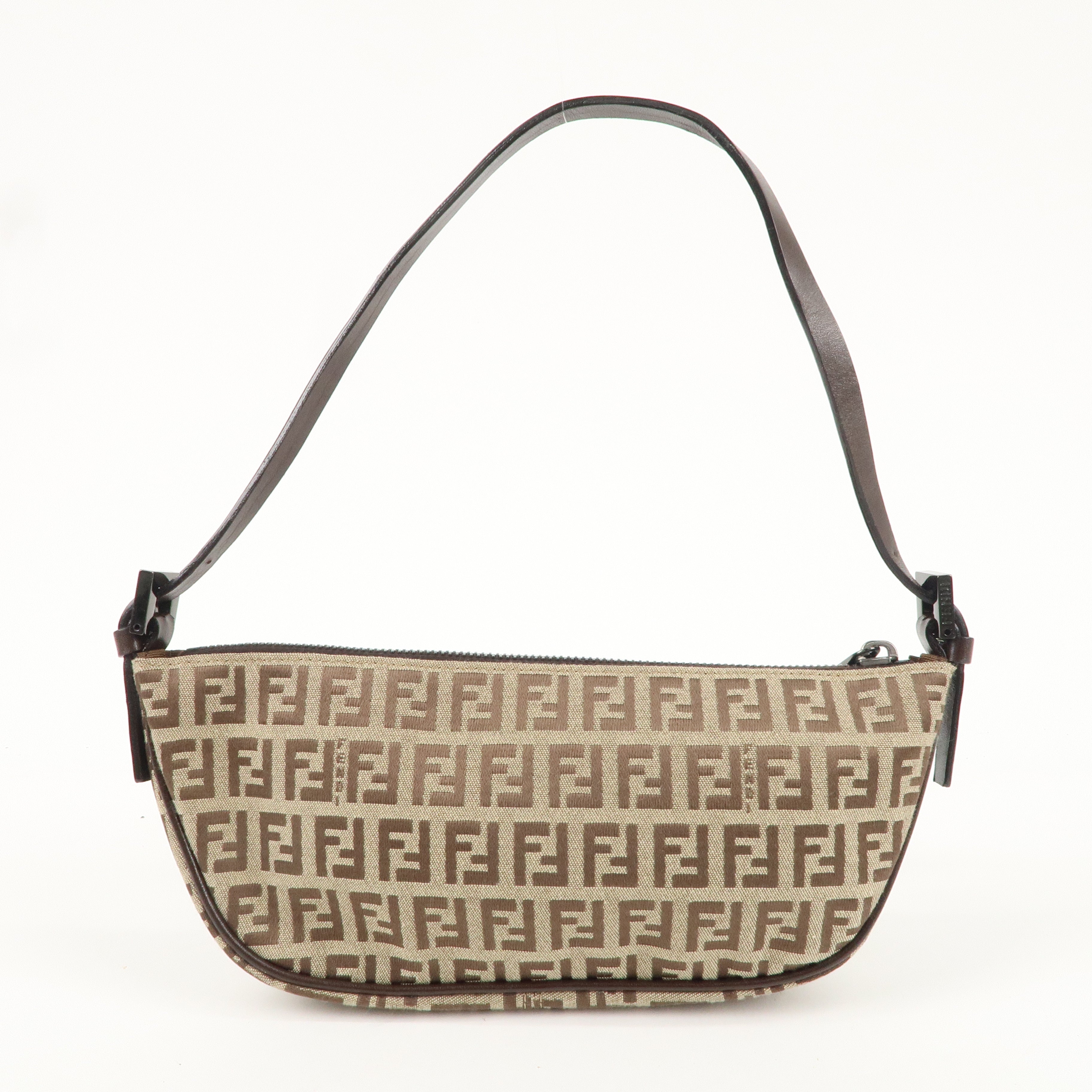 FENDI Zucchino Canvas Leather Shoulder Bag Brown Beige 8BR133