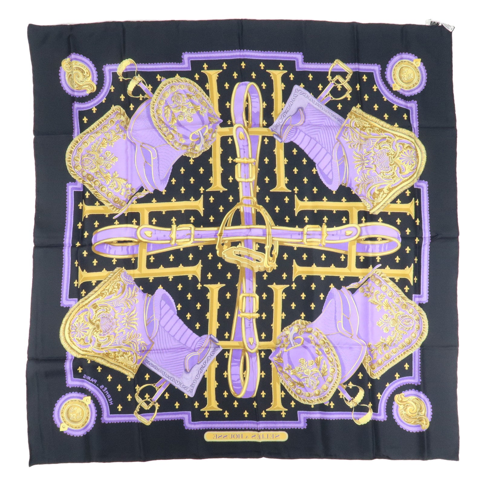 HERMES Carre 90 Silk 100% Scarf SELLES A HOUSSE Black Purple Gold Used