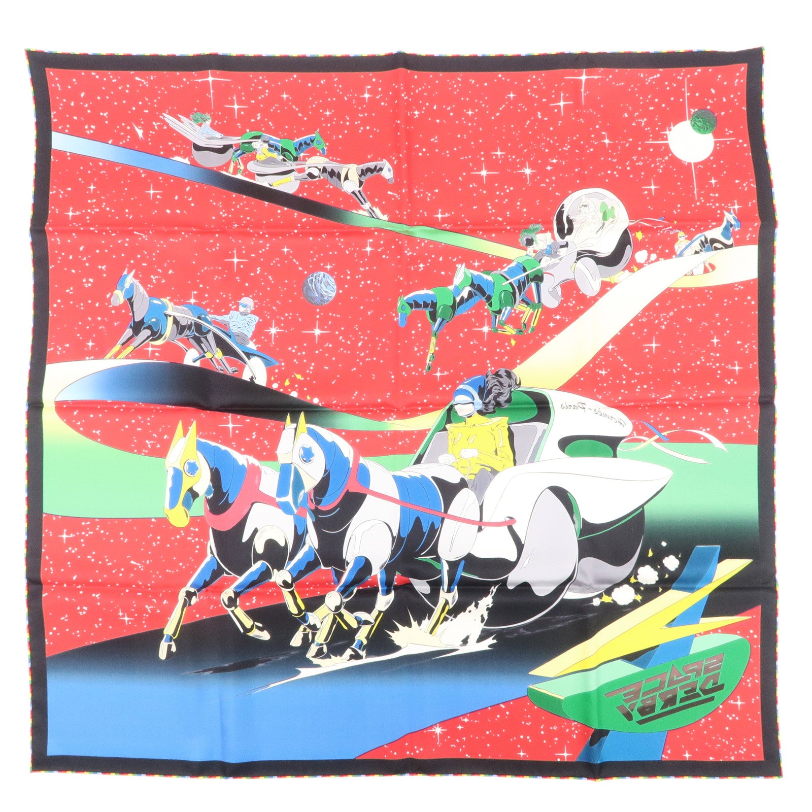 HERMES Carre90 Silk 100% Scarf SPACE DERBY Red Blue Black Used