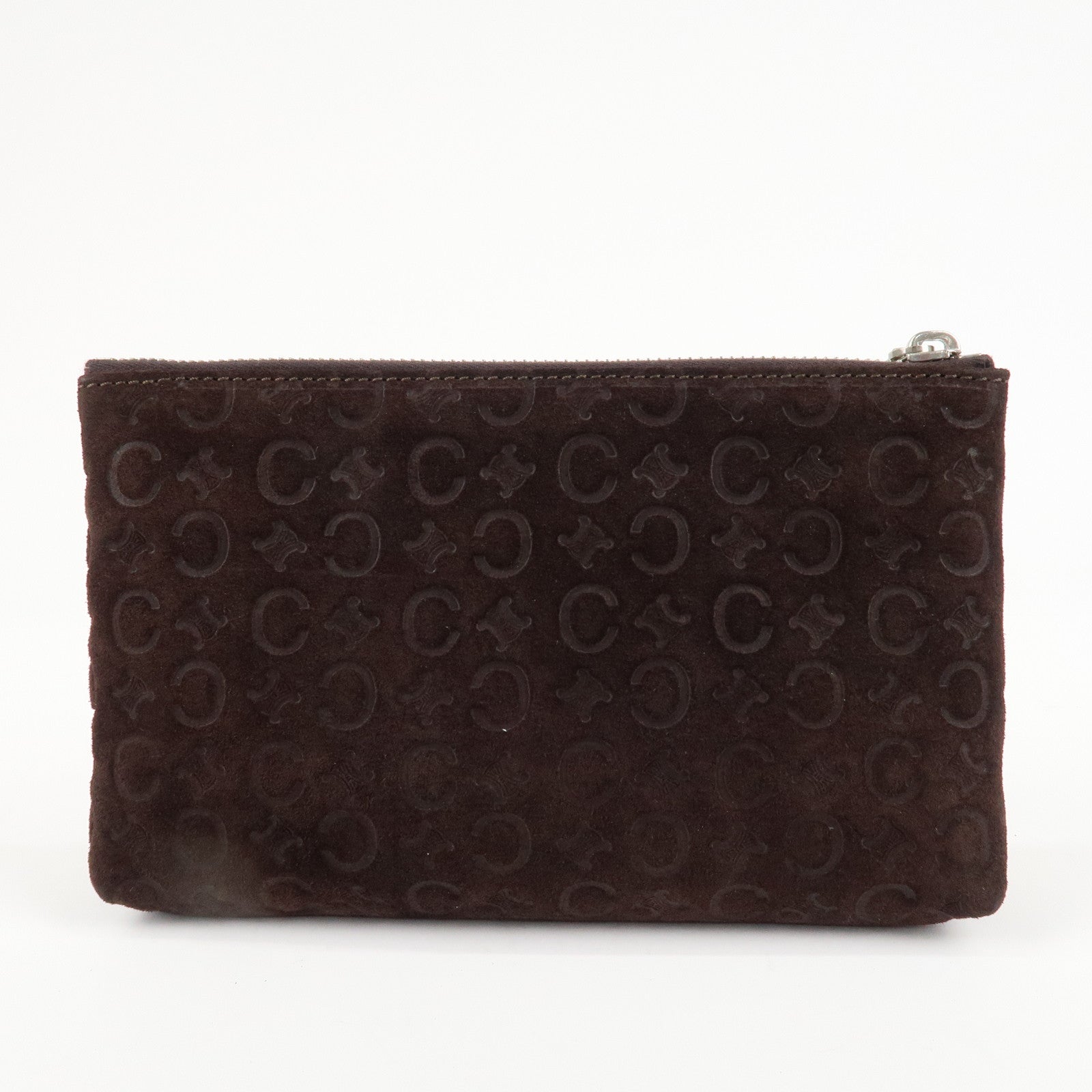 CELINE Macadam Suede Pouch Cosmetic Pouch Dark Brown Used