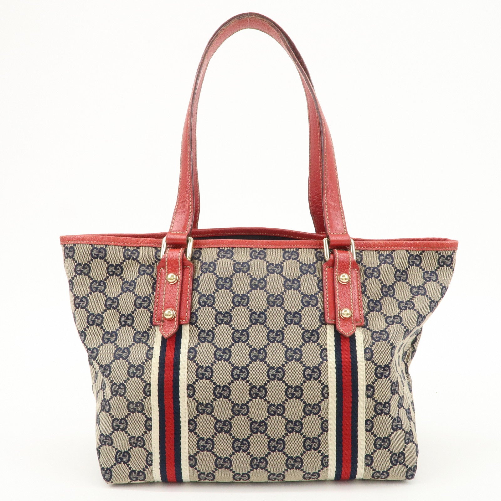 GUCCI Sherry GG Canvas Leather Tote Bag Beige Red Navy 137396