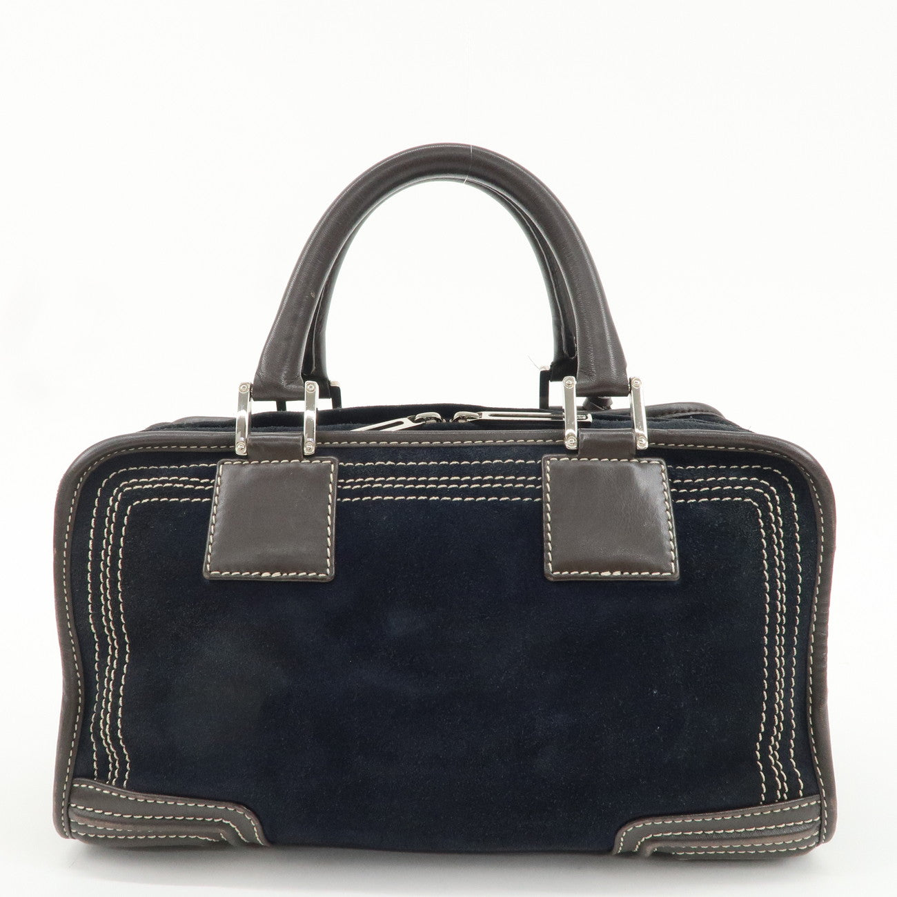 LOEWE Leather Suede Amasona28 Hand Bag Navy Brown Used