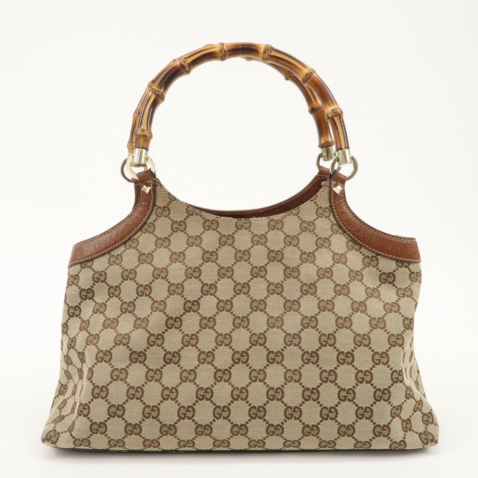 GUCCI Bamboo GG Canvas Leather Shoulder Bag Beige Brown 137395 Used