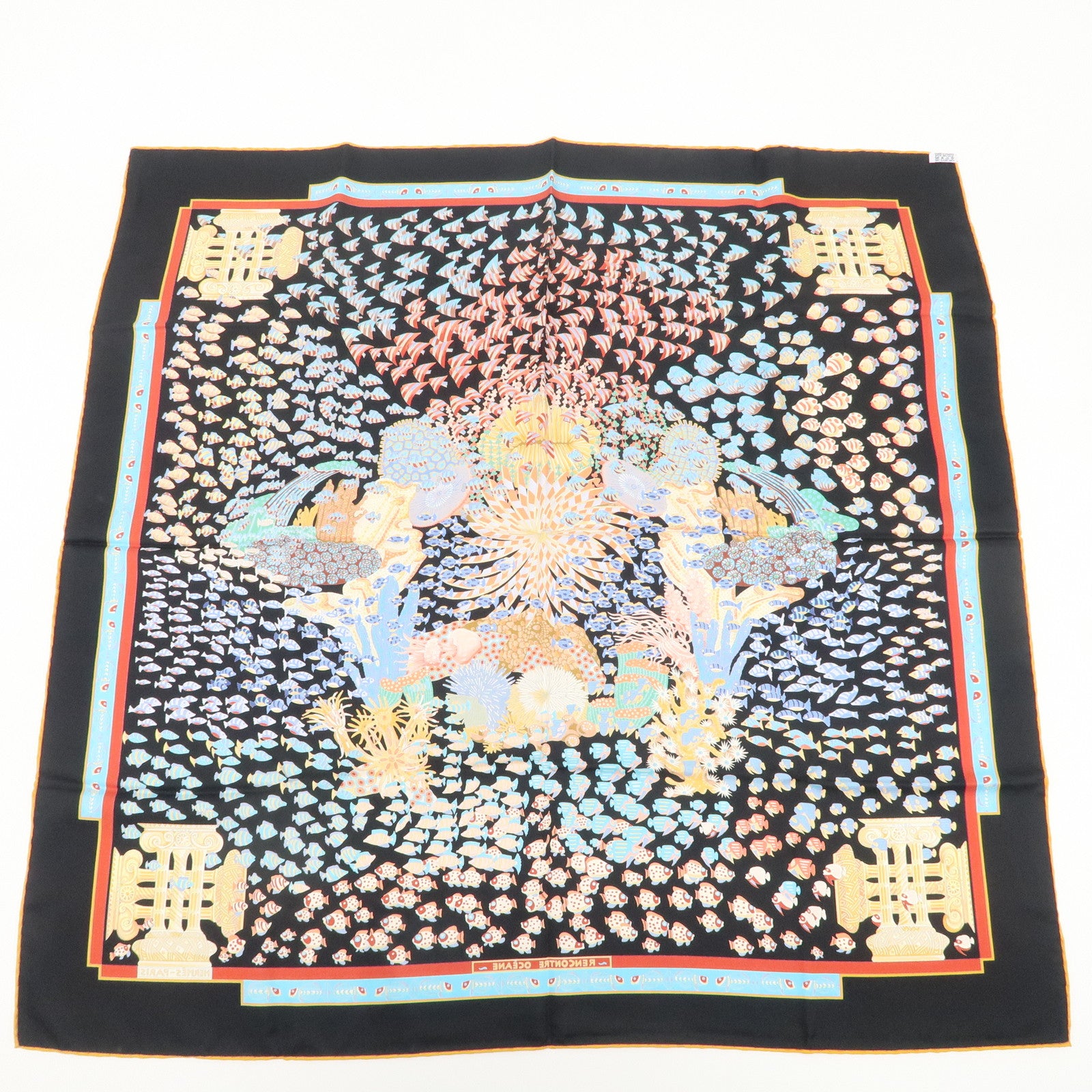 HERMES Carre 90 Silk 100% Scarf RENCONTRE OCEANE  Black Multicolor Used