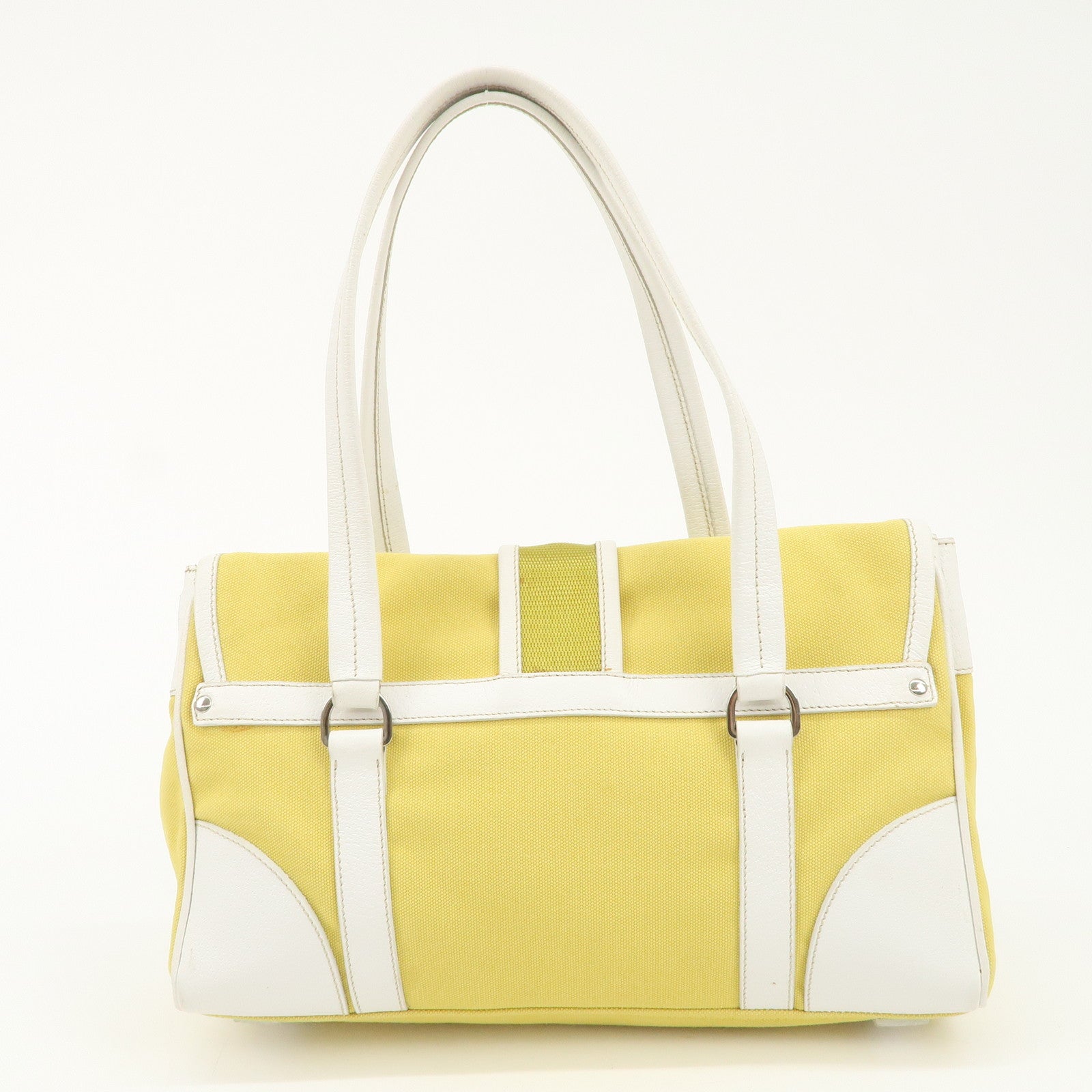 PRADA Triangle Logo Canvas Leather Shoulder Bag Yellow Silver HDW Used