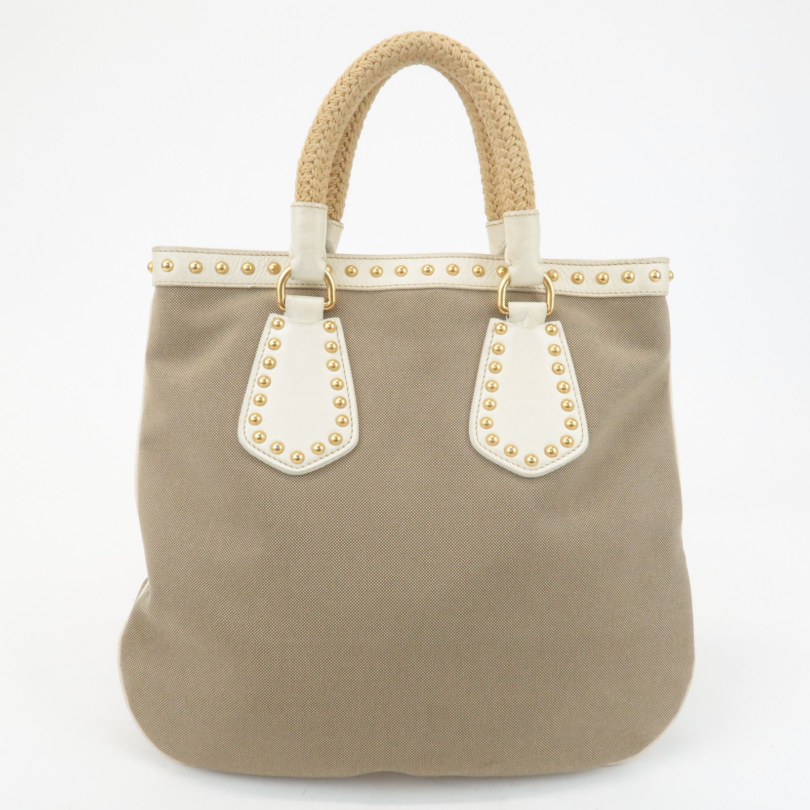 PRADA Canvas Leather 2WAY Logo Studs Hand Bag Beige BN1450 Used