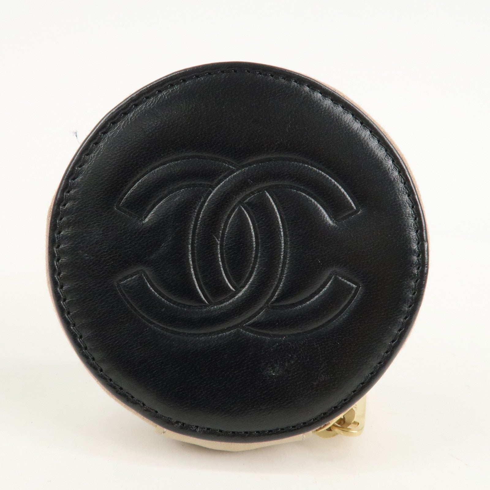 CHANEL Camelia Lamb Skin Round Zippy Coin Case Black Beige Used