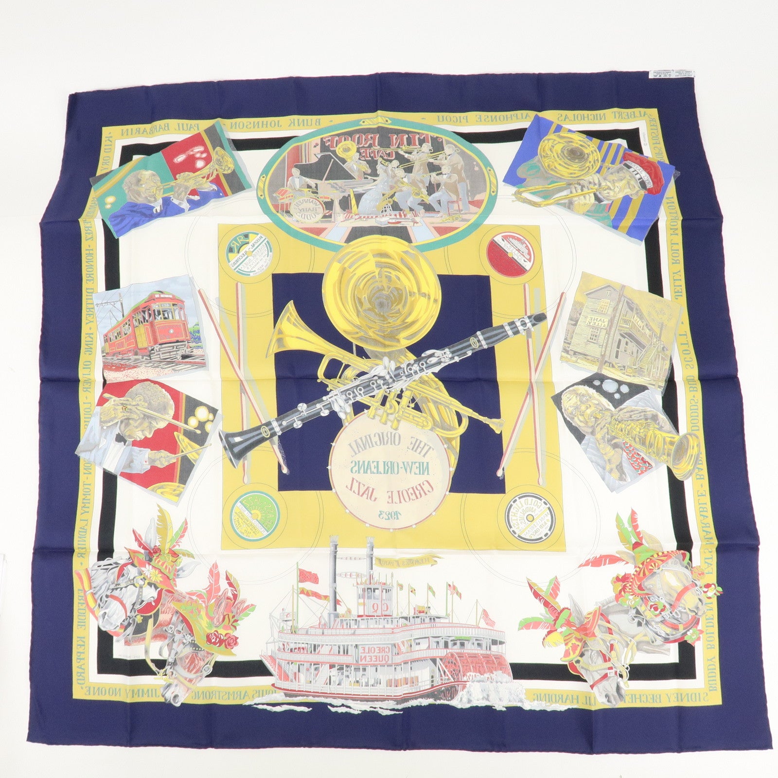 HERMES Carre90 Silk100% Scarf THE ORIGINAL NEW ORLEANS CREOLE JAZZ Used