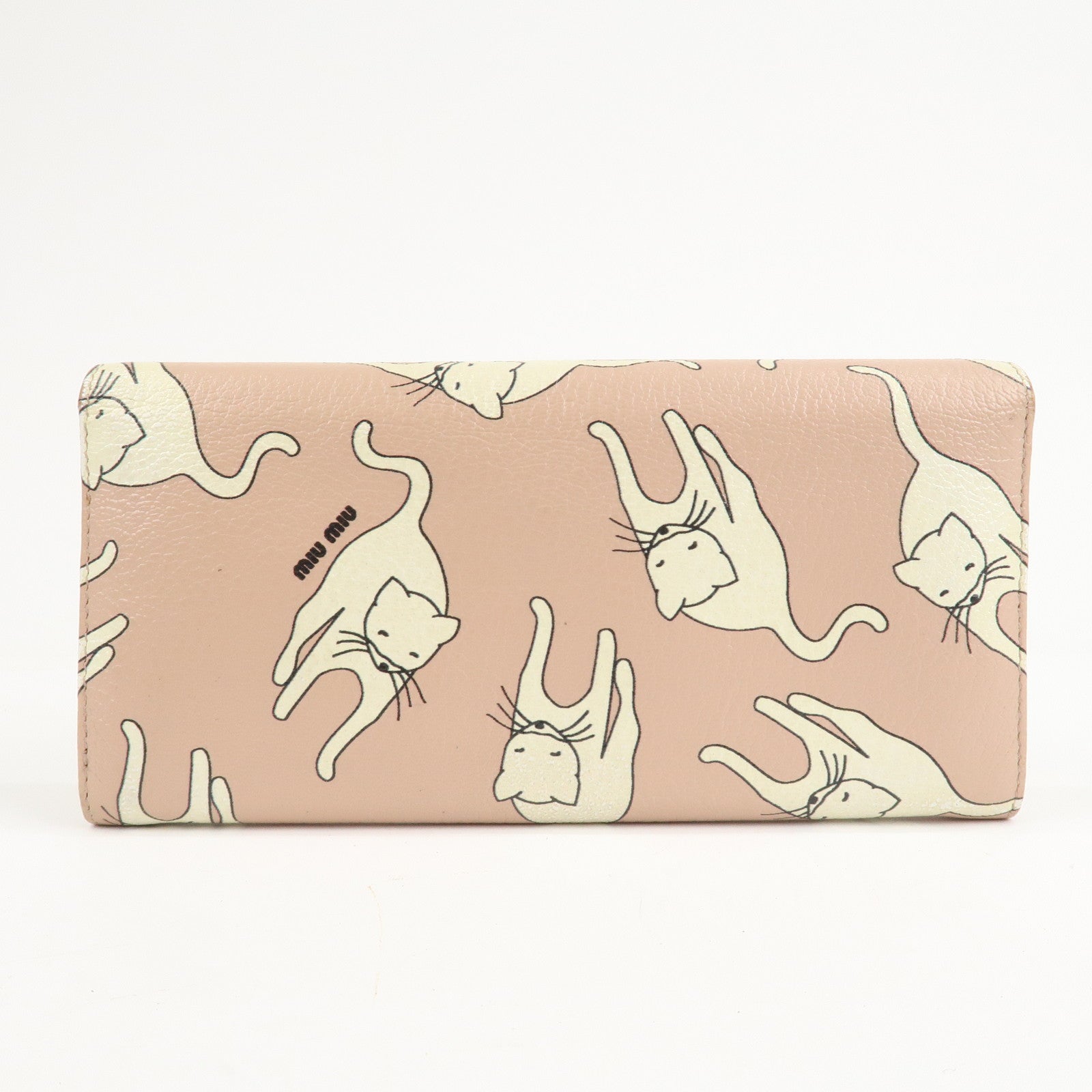 MIU MIU Leather Cat Motif Long Wallet Pink Beige 5MH109 Used