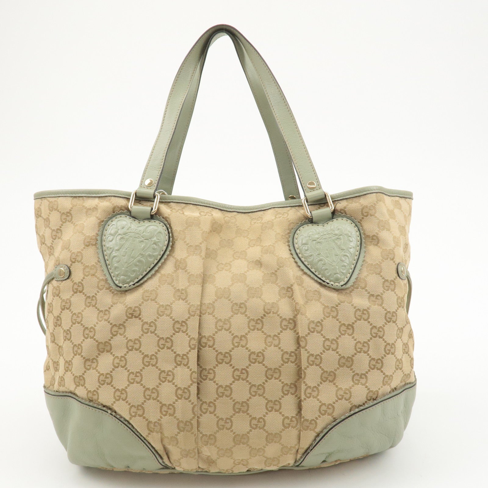 GUCCI GG Canvas Leather Tote Bag Beige Light Green 211954