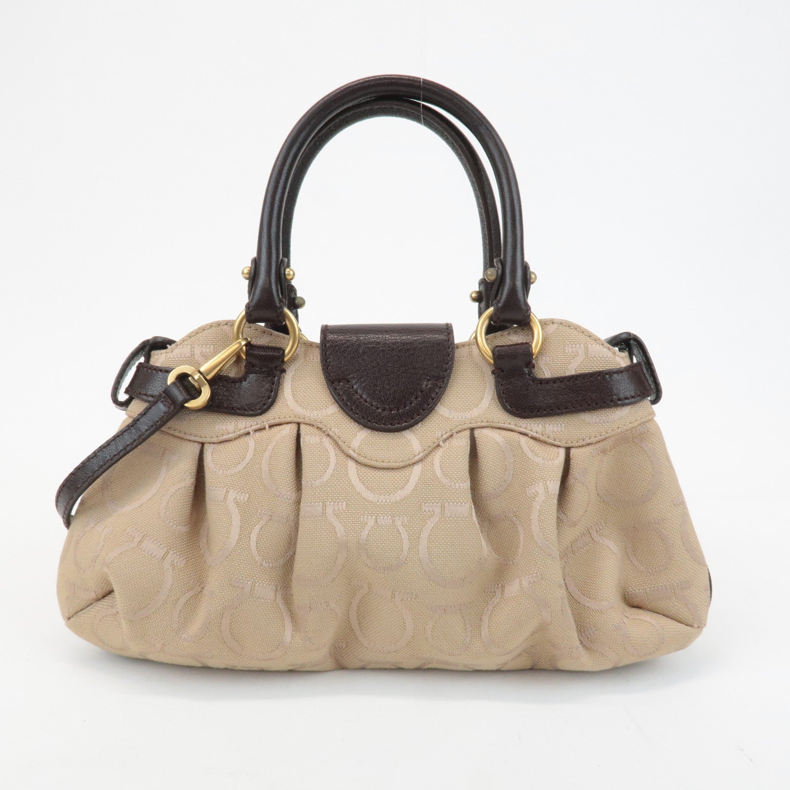 Ferragamo Gancini Canvas Leather 2Way Bag Beige Dark Brown Used