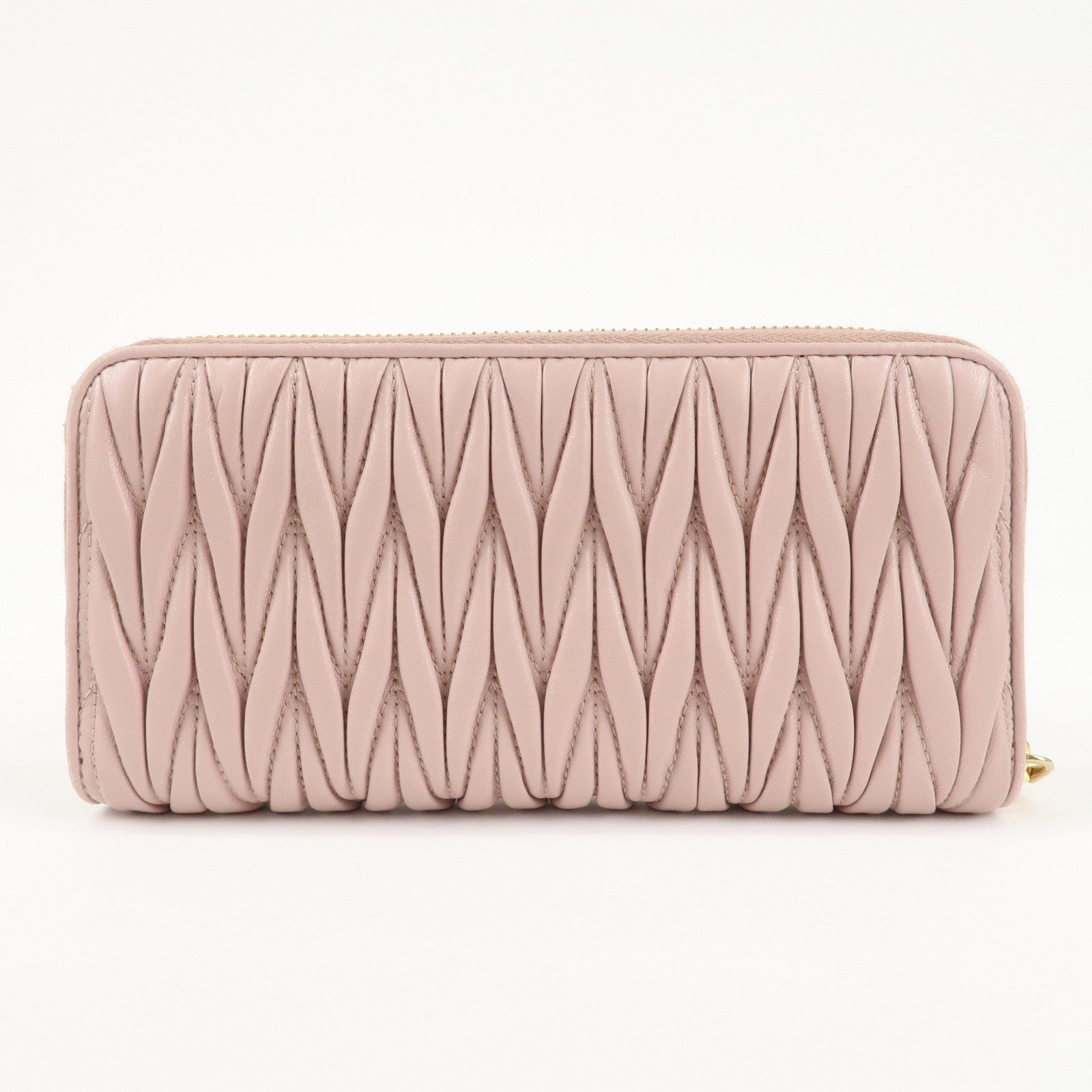 MIU MIU Matelasse Leather Round Zipper Long Wallet Pink Beige