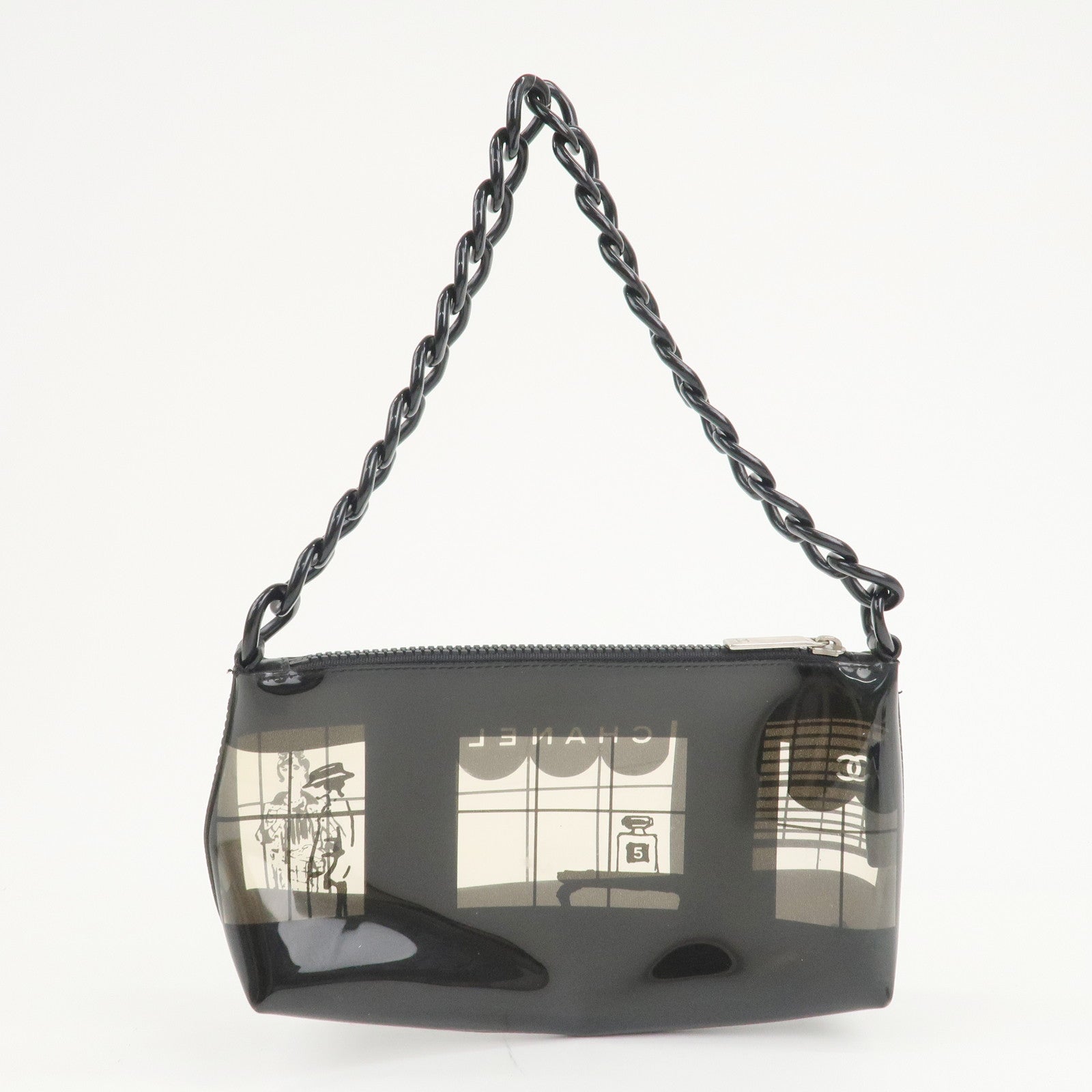 CHANEL Windows Line Vinyl Chain Shoulder Bag Black 8048946 Used