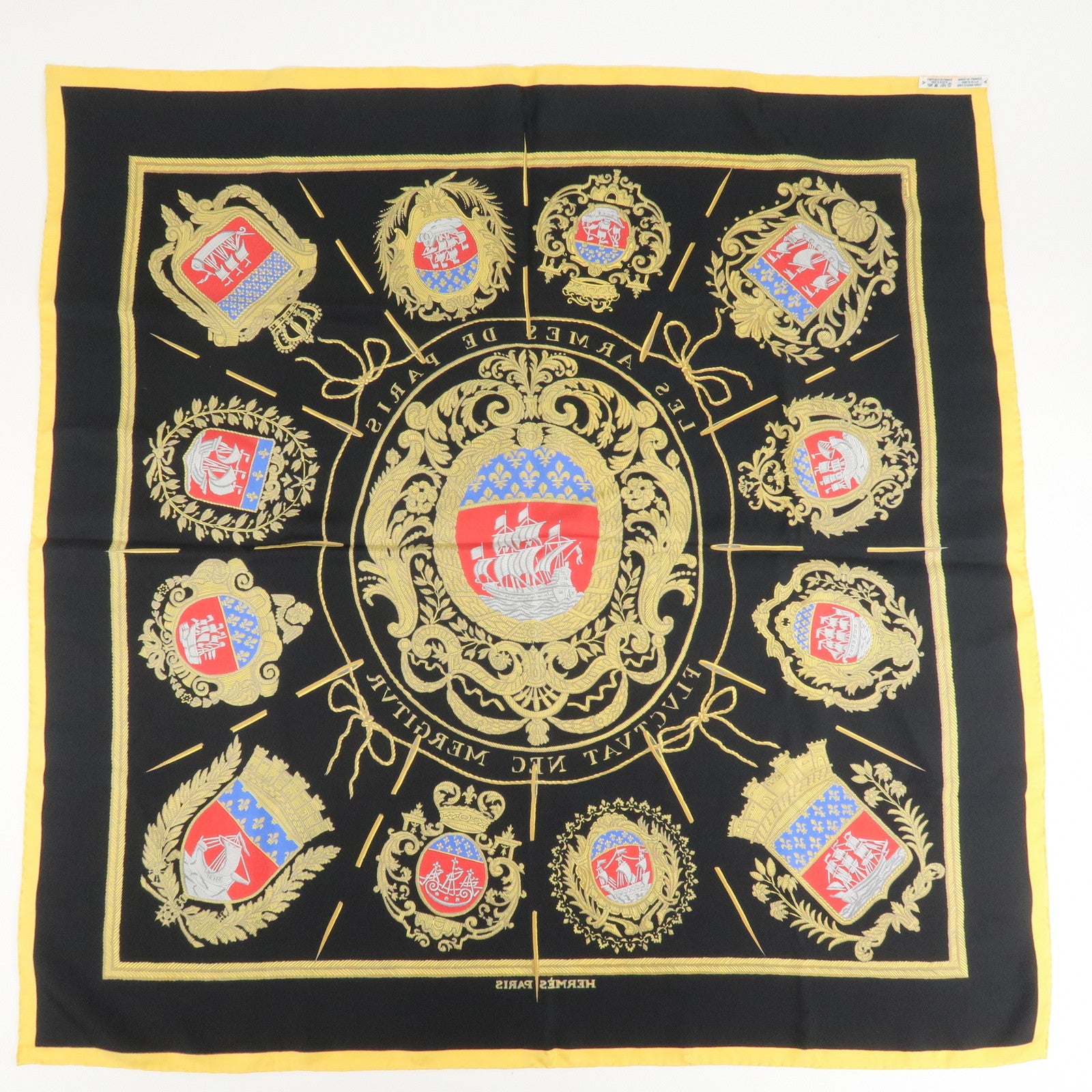 HERMES Carre 90 Silk 100% Scarf LES ARMES DE PARIS Black Gold Used