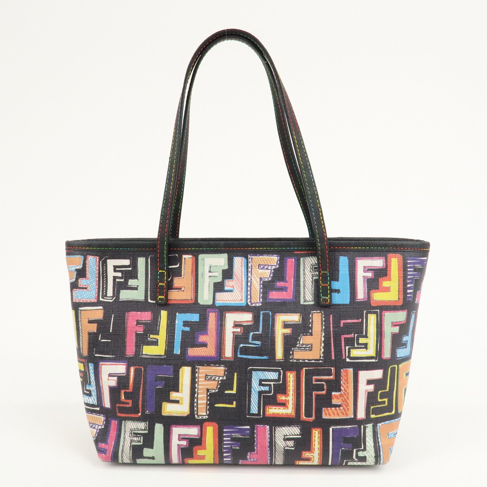 FENDI Zucca PVC Tote Bag Hand Bag Black Multi Color BBH223 Used