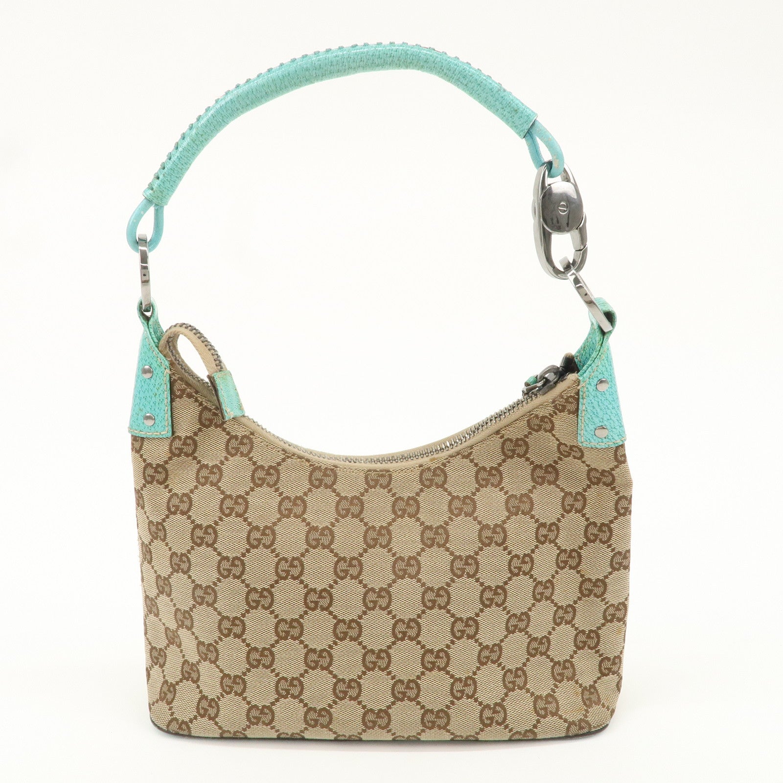 GUCCI GG Canvas Leather Shoulder Bag Beige Turquoise 115002