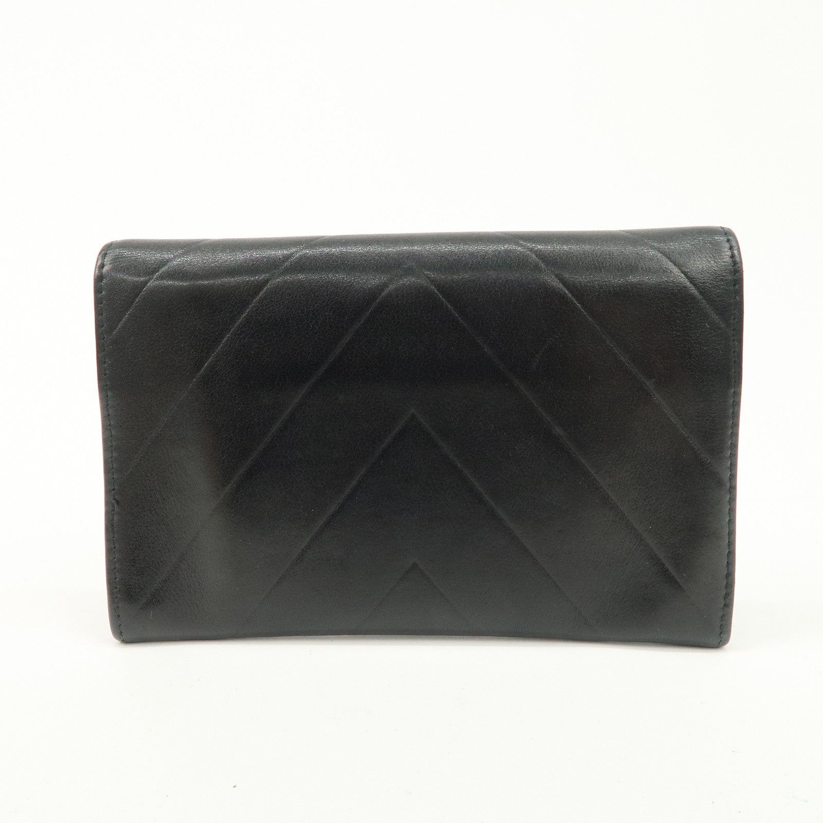 CHANEL V Stitch Lamb Skin COCO Mark Hook Bi-Fold Wallet Black Used