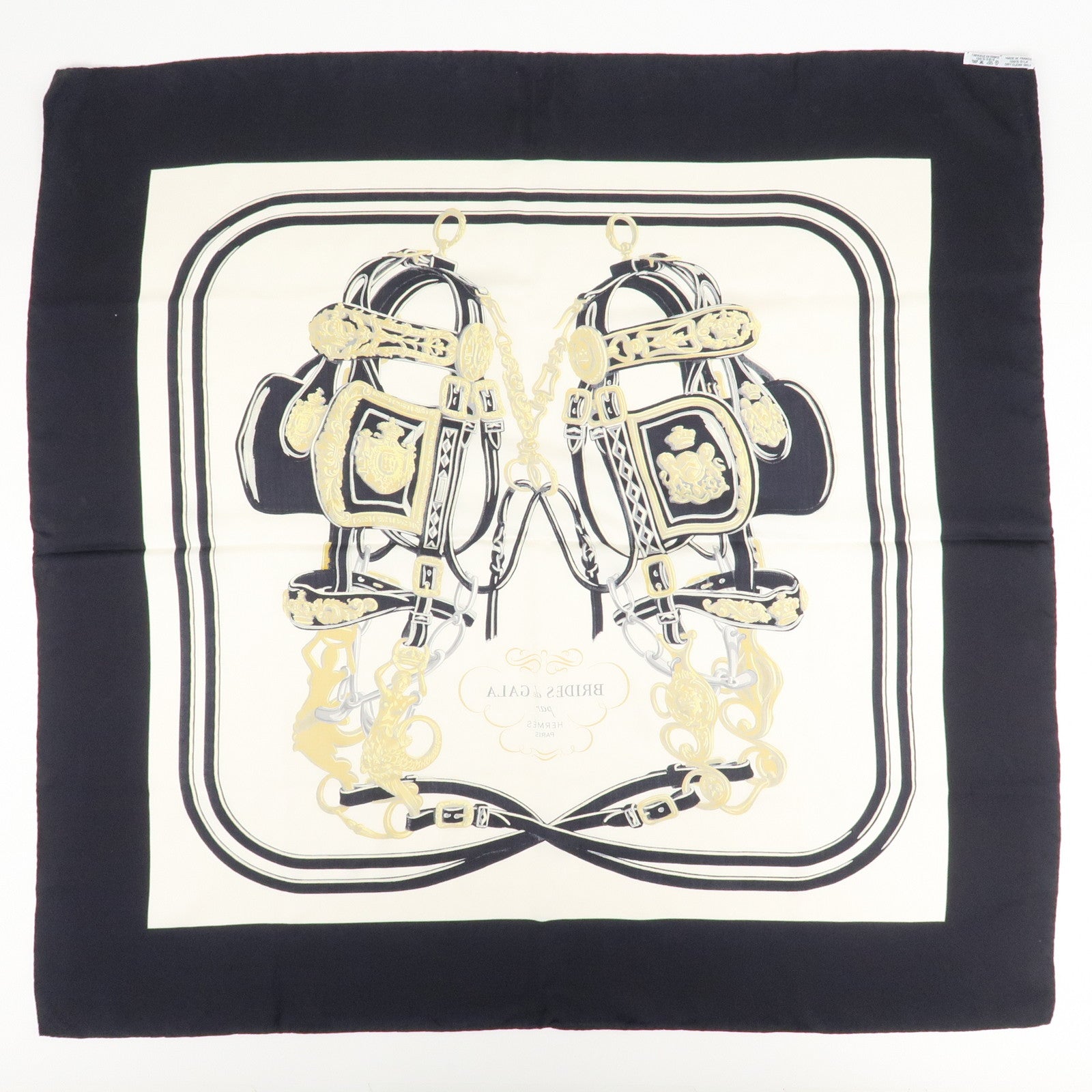 HERMES Silk 100% Carre 90 Scarf BRIDES de GALA Ivory Navy Gold Used