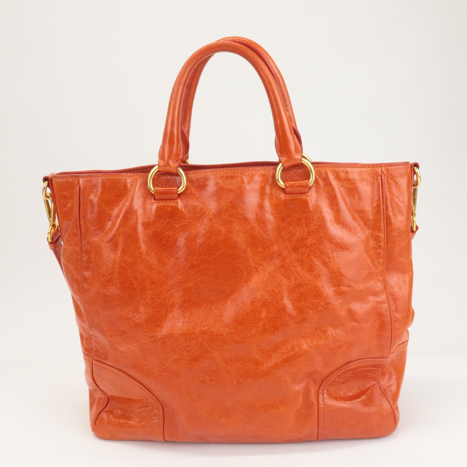 PRADA Leather 2Way Hand Bag Tote Bag Orange Gold HDW Used