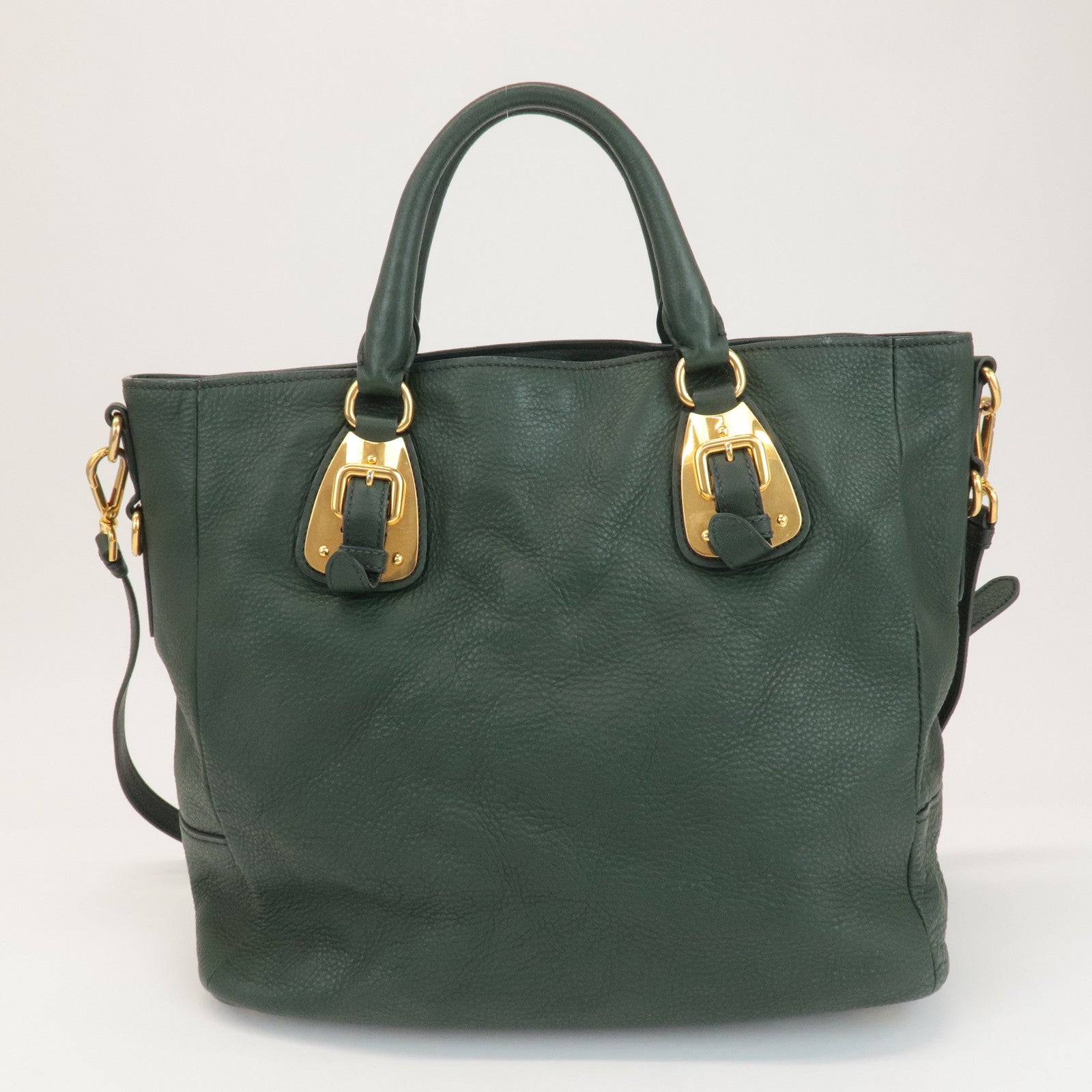 PRADA Leather 2Way Hand Bag Shoulder Bag Green Gold Hardware Used