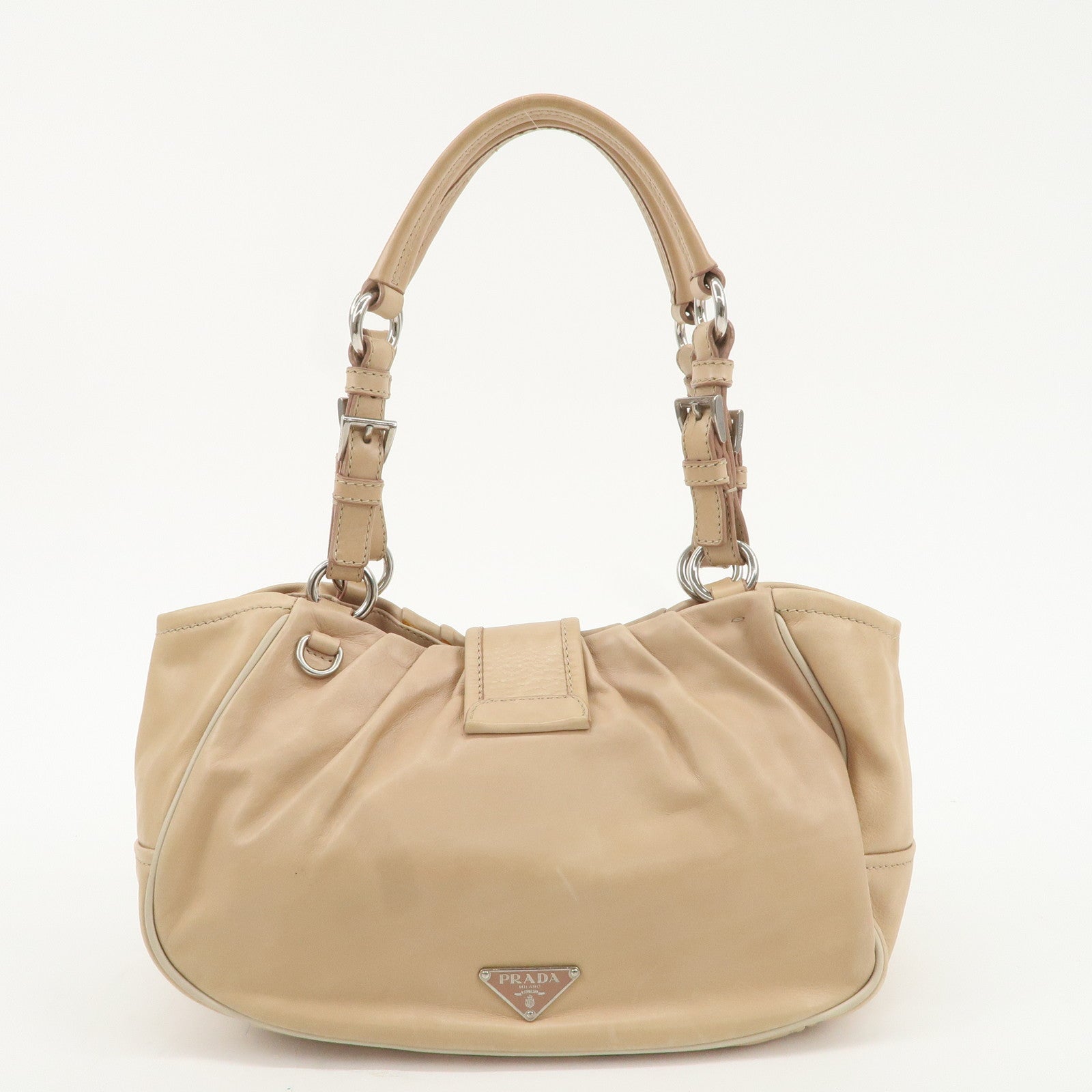 PRADA Leather Shoulder Bag Hand Bag Beige Silver HDW BR2888