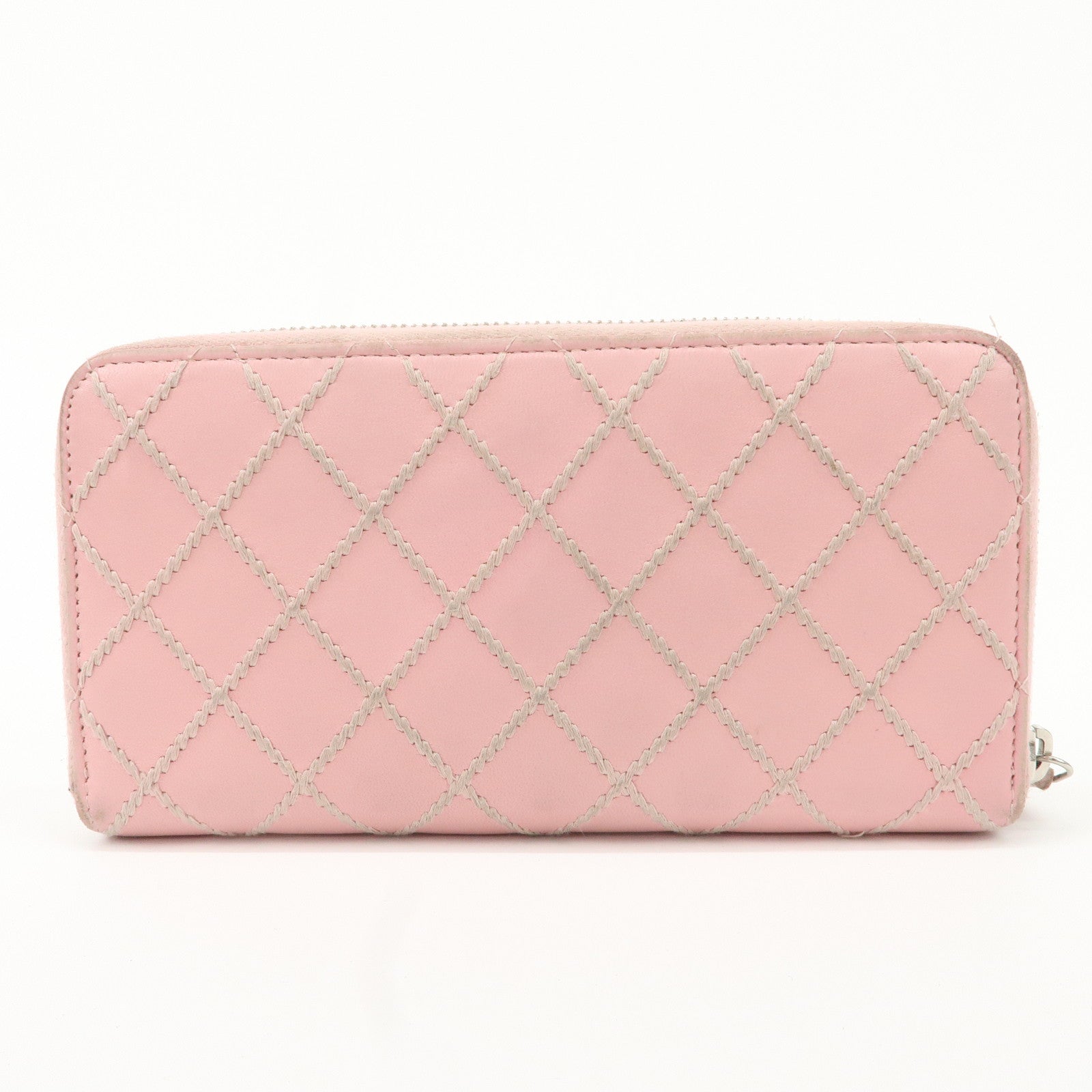 CHANEL Wild Stitch Lamb Skin Round Zipper Long Wallet A80143 Used