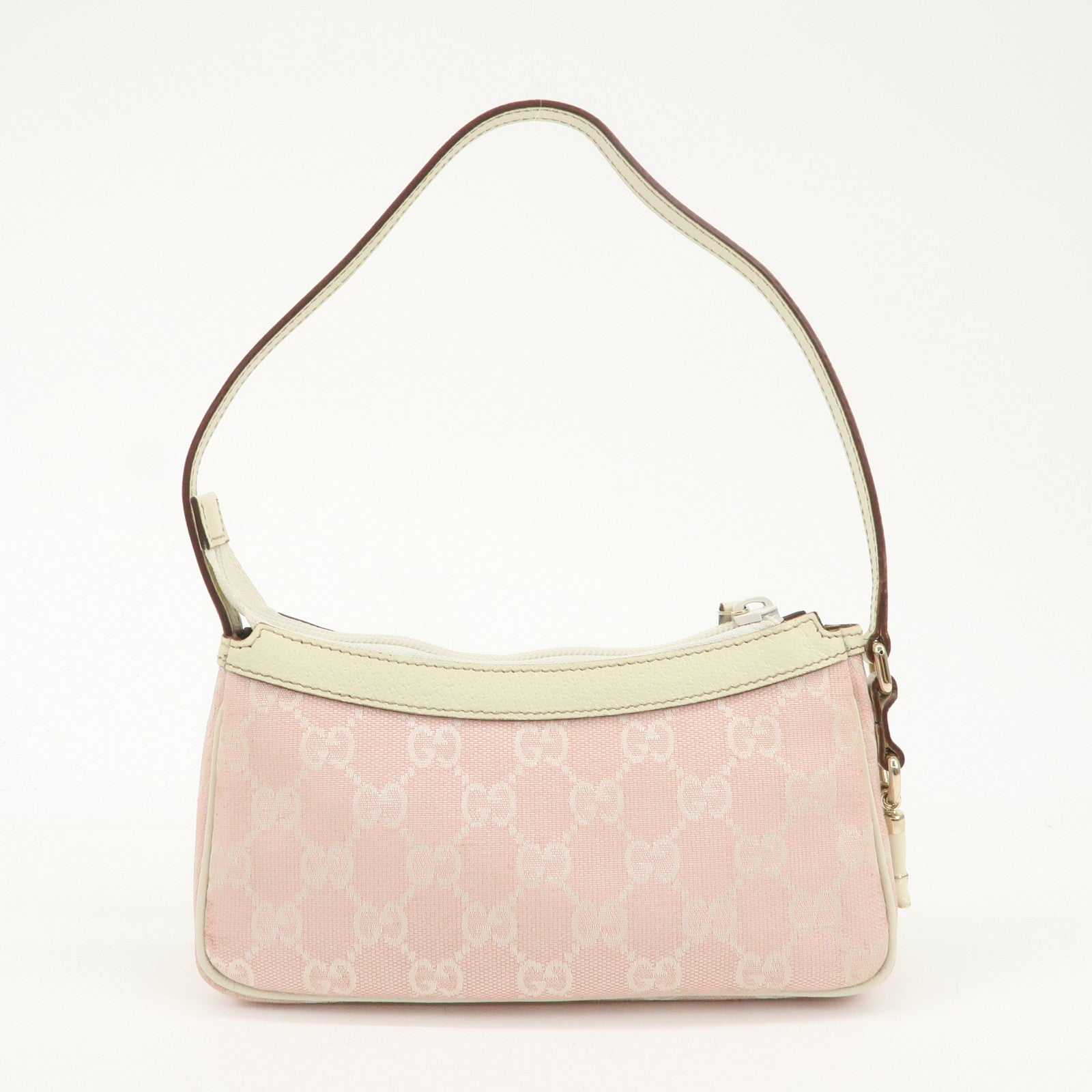 GUCCI GG Canvas Leather Hand Bag Pouch Pink Ivory 154432 Used