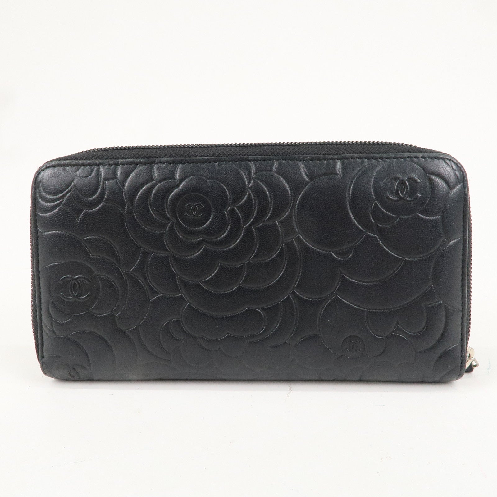 CHANEL Camellia Lamb Skin Zippy Round Long Wallet Black