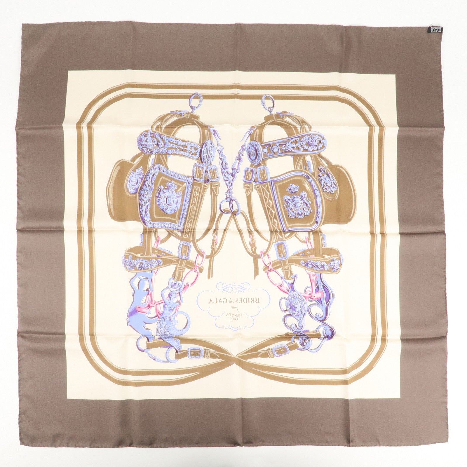 HERMES Carre 90 Silk 100% Scarf BRIDES de GALA Ivory Brown Used