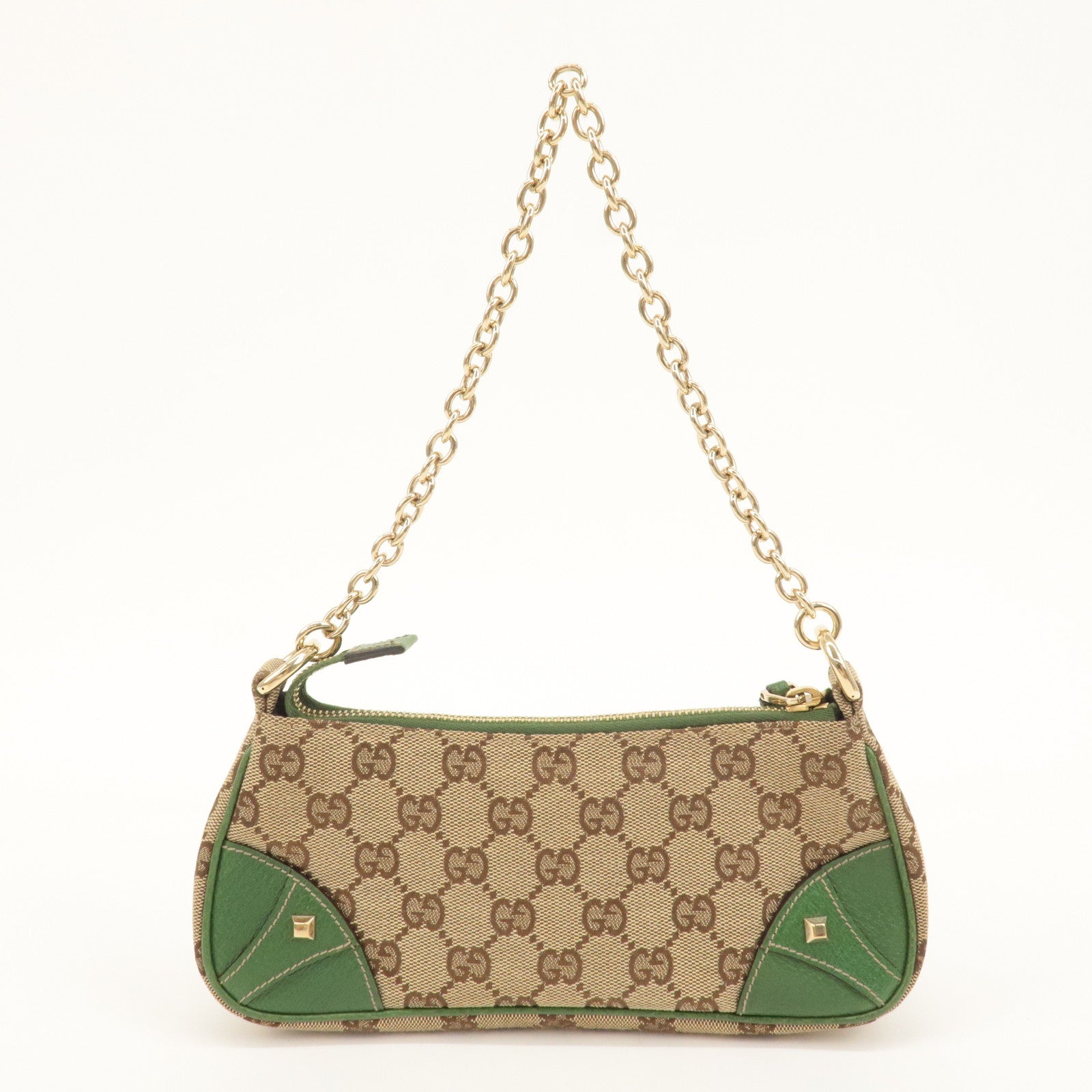 GUCCI GG Canvas Leather Chain Hand Bag Pouch Beige Green 120940