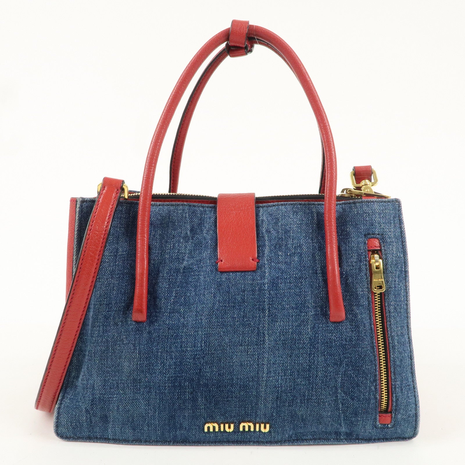 MIU MIU Denim Leather 2Way Tote Bag Shoulder Bag Blue Red