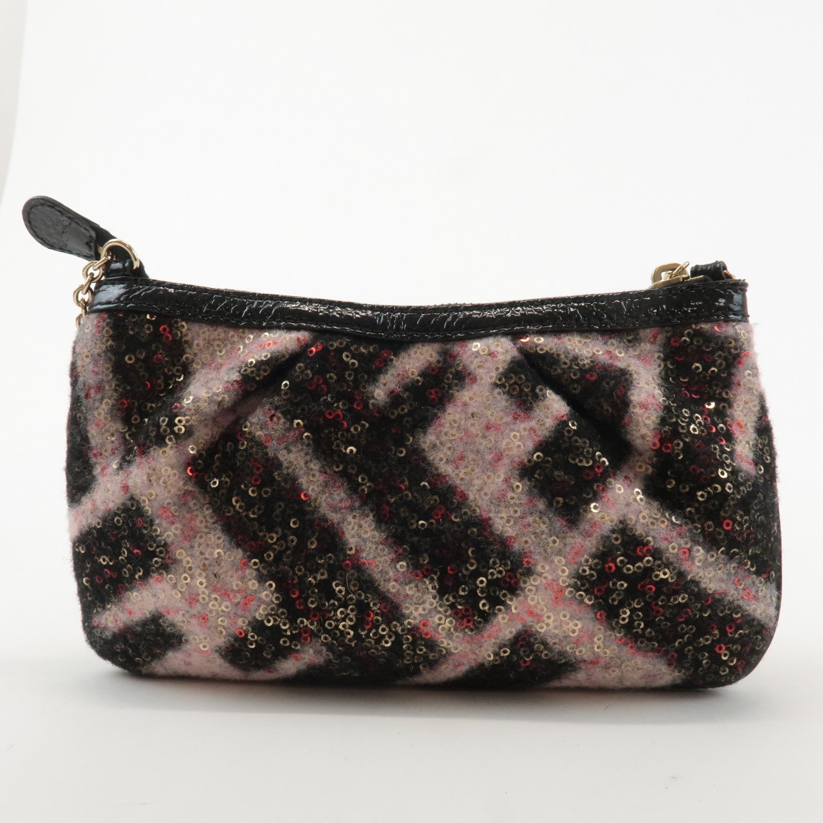 FENDI Zucca Sequins Chain Accessory Pouch Black Pink 8BR594