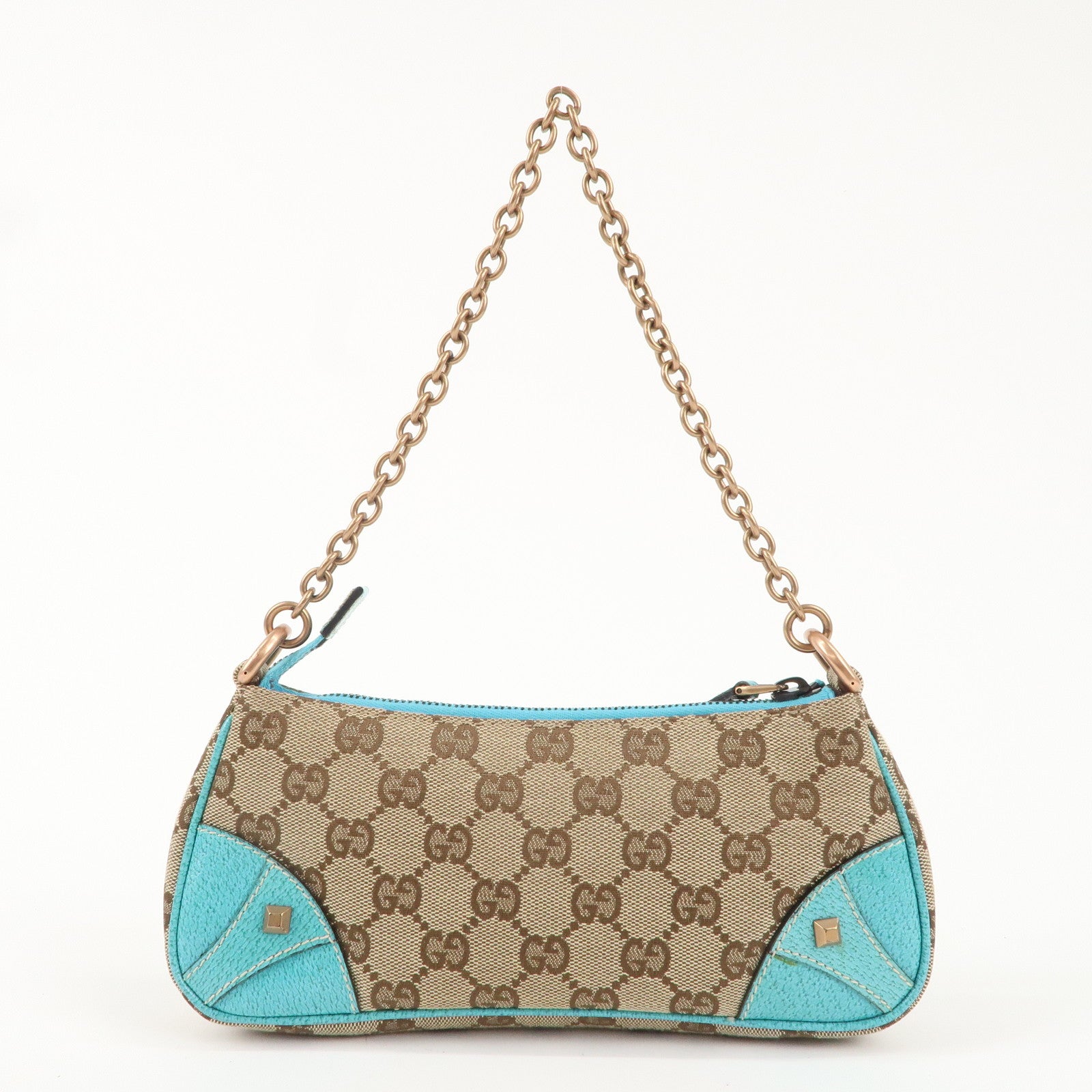 GUCCI GG Canvas Leather Chain Hand Bag Pouch Beige Blue 120940