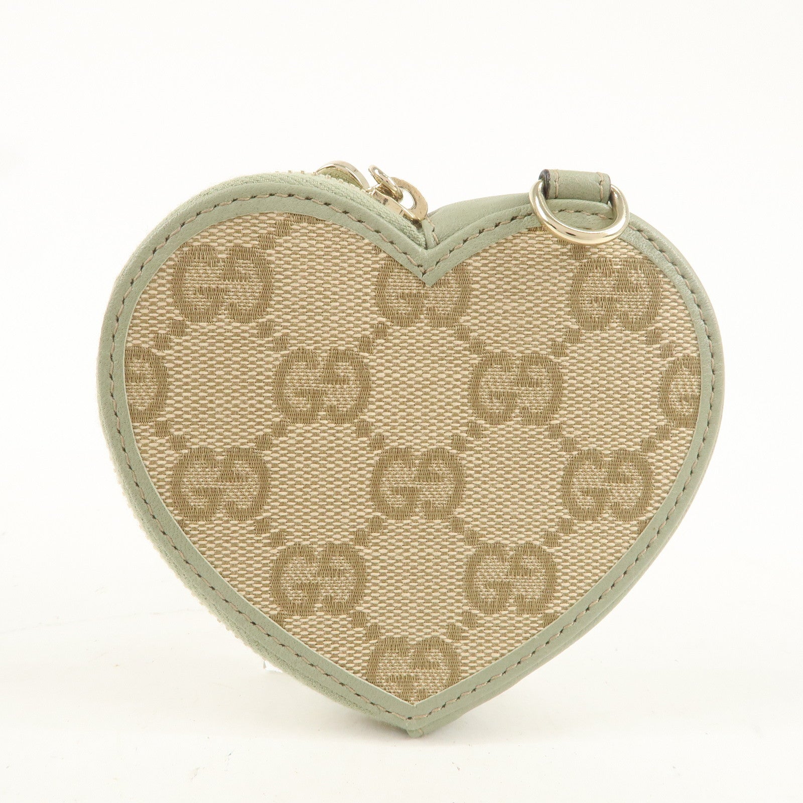 GUCCI GG Canvas Leather Heart Coin Case Wallet Light Green 152615