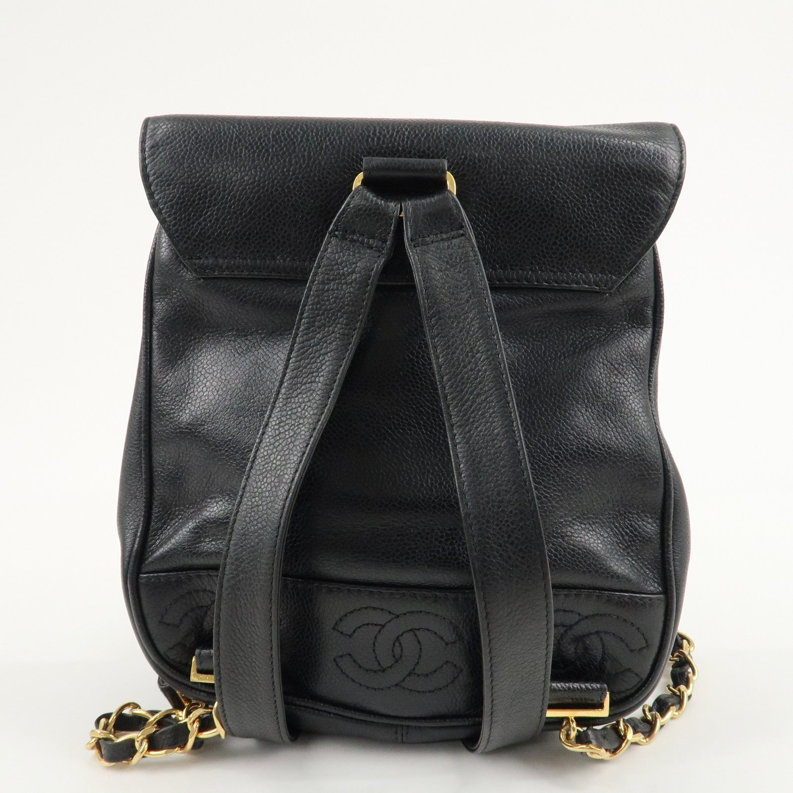 CHANEL Caviar Skin Triple Coco Ruck Sack Back Pack Black Gold HDW Used