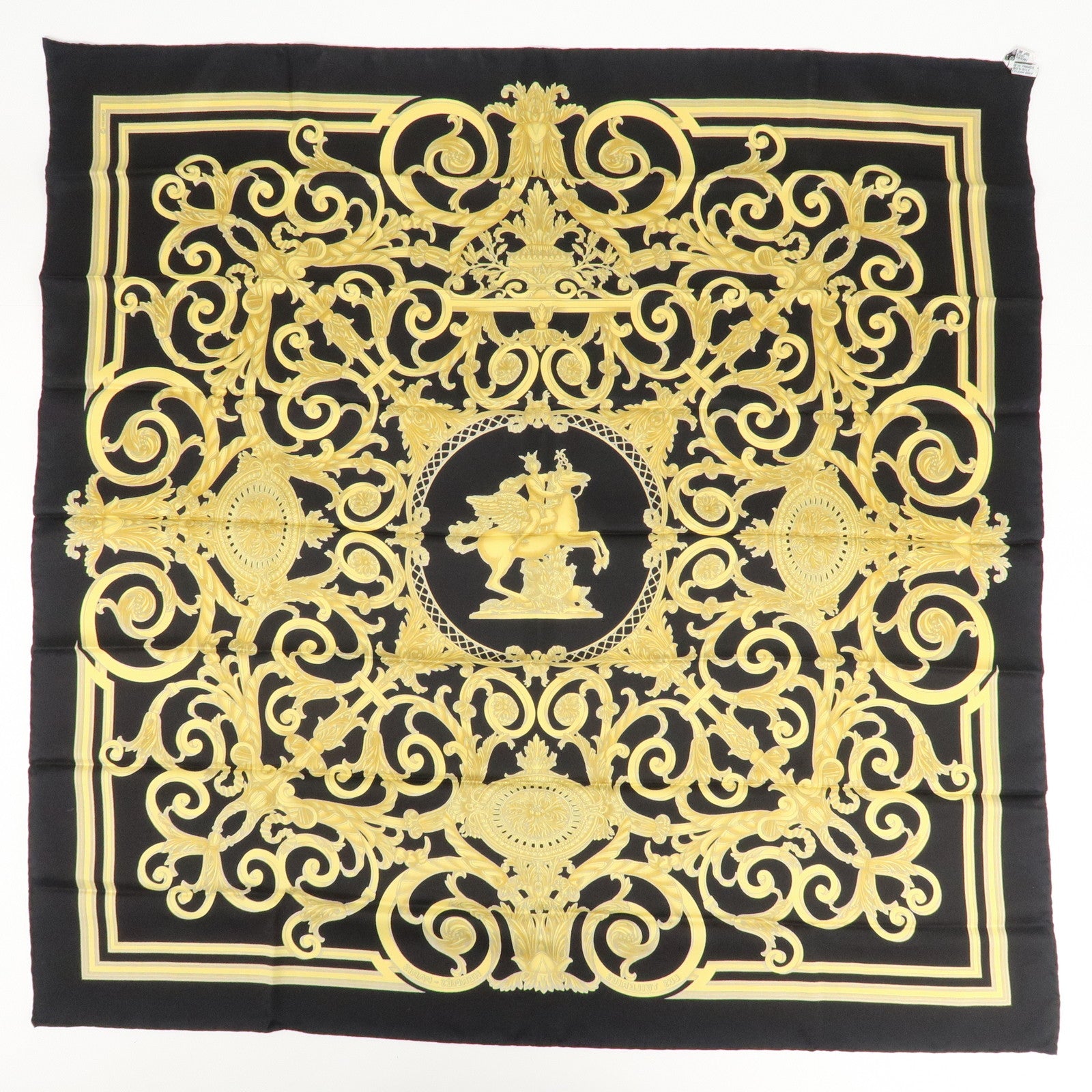 HERMES Silk 100% Carre 90 Scarf LES TUILERIES Black Gold Used