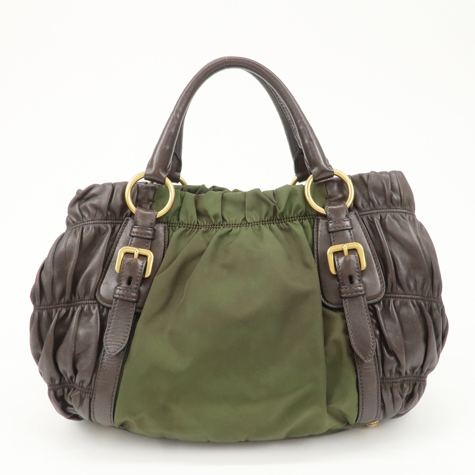 PRADA Nylon Leather Gathered Hand Bag Green Brown BN1793