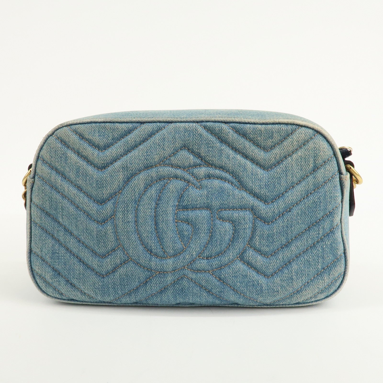 GUCCI GG Marmont Denim Leather Chain Shoulder Bag LIght Blue447632 Used