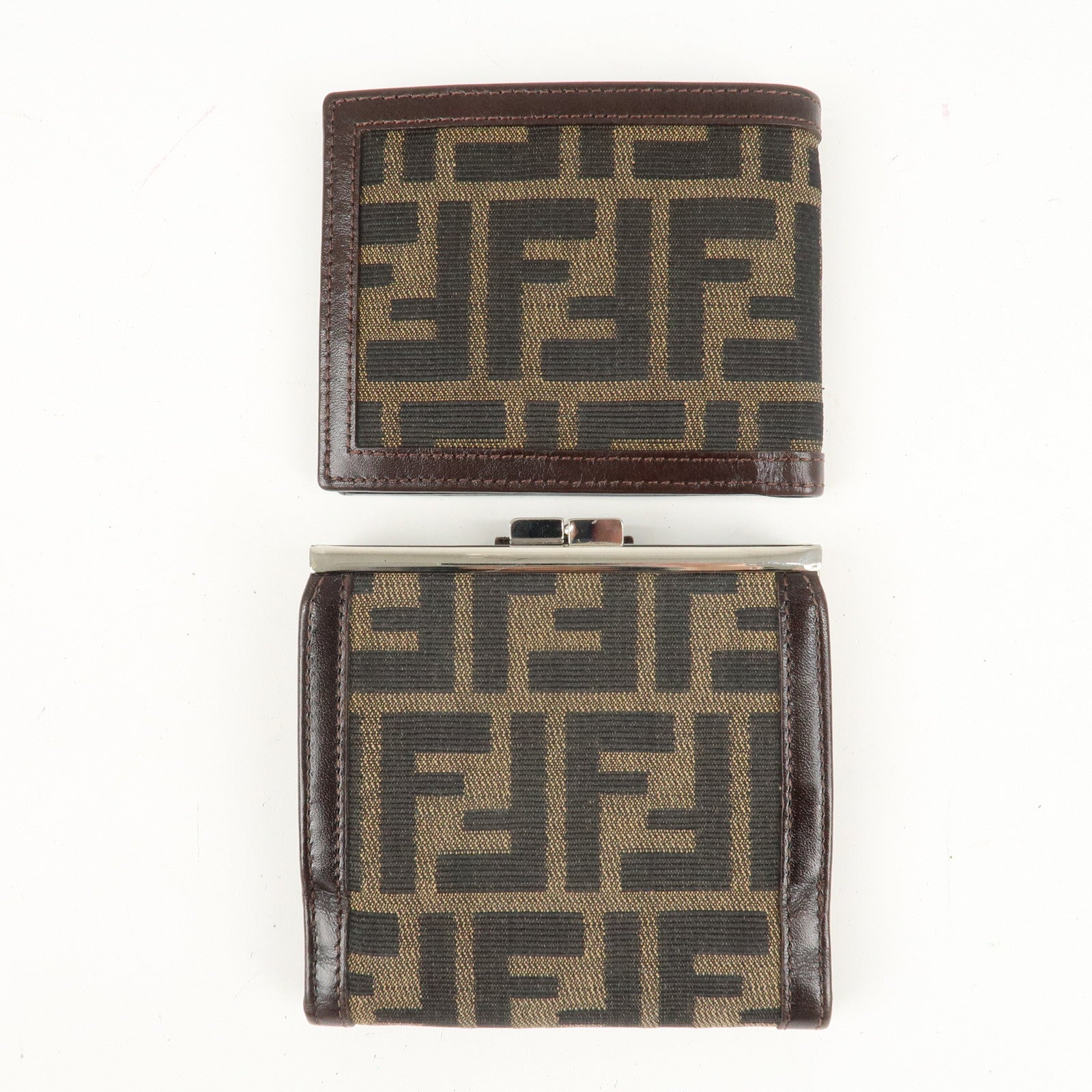 FENDI Zucca Set of 2 Canvas Leather Bi-fold Wallet Brown Black Used