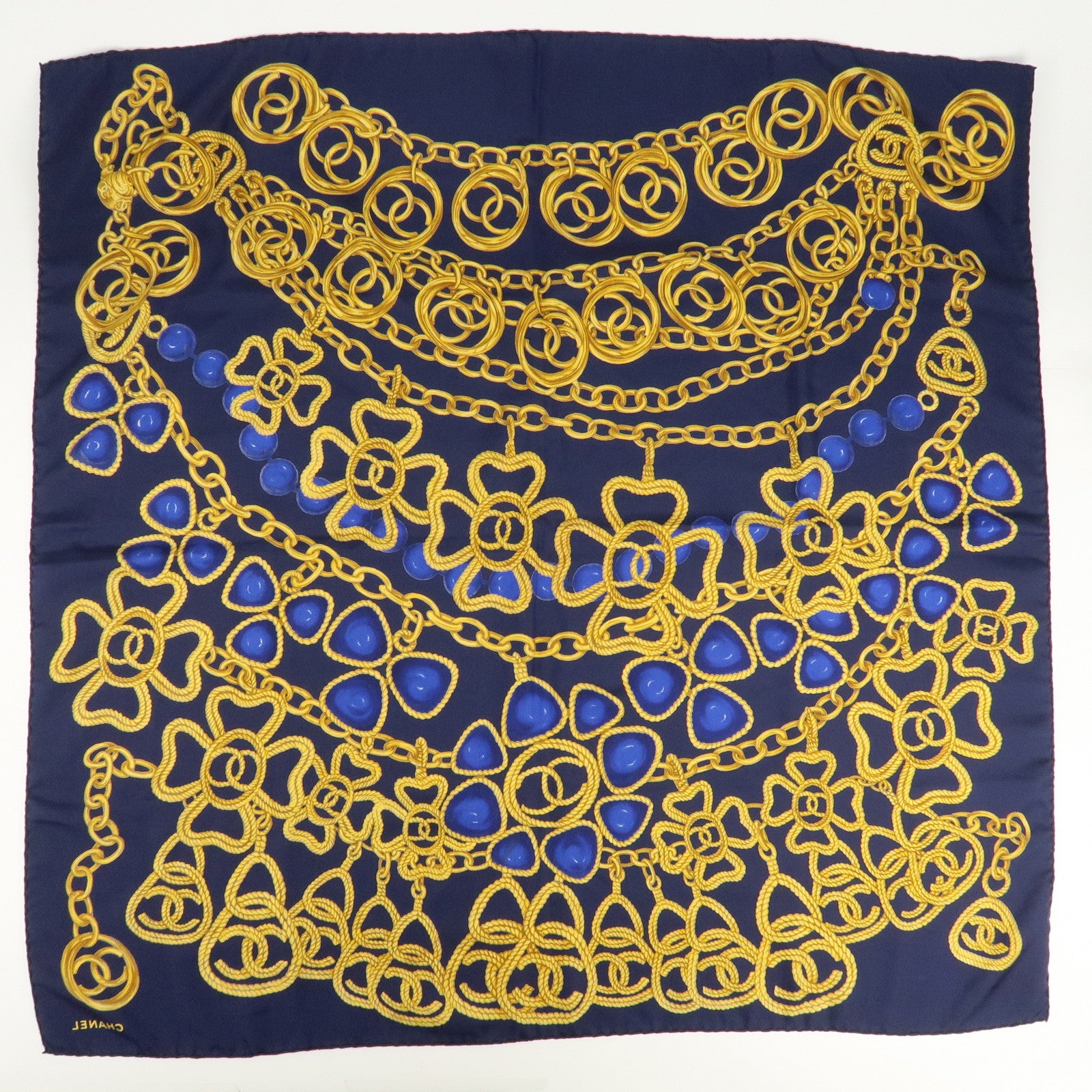 CHANEL Silk 100% Scarf Chain Pattern Navy Gold Blue Used