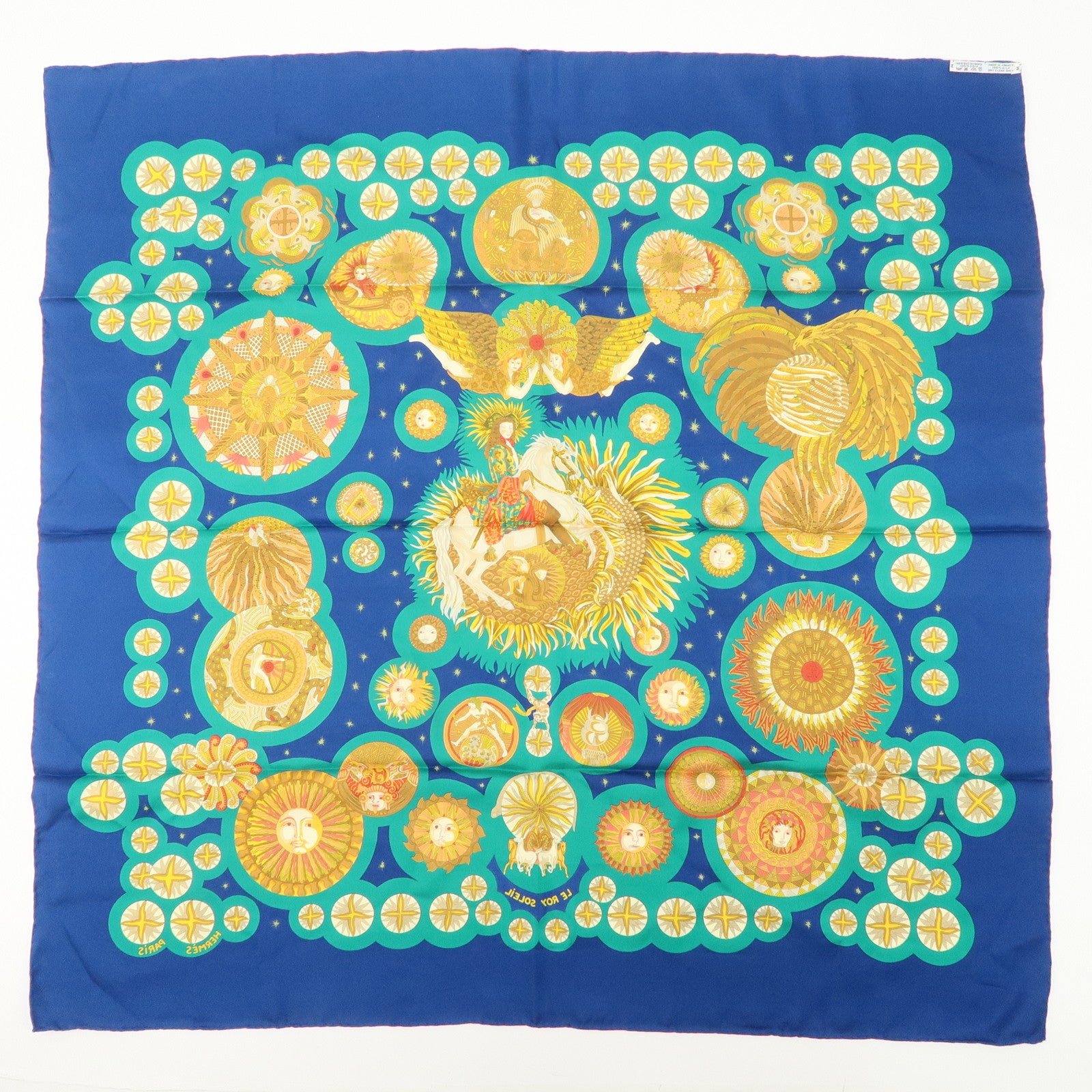 HERMES Carre 90 Silk 100% Scarf LE ROY SOLEIL Blue Green Gold Used