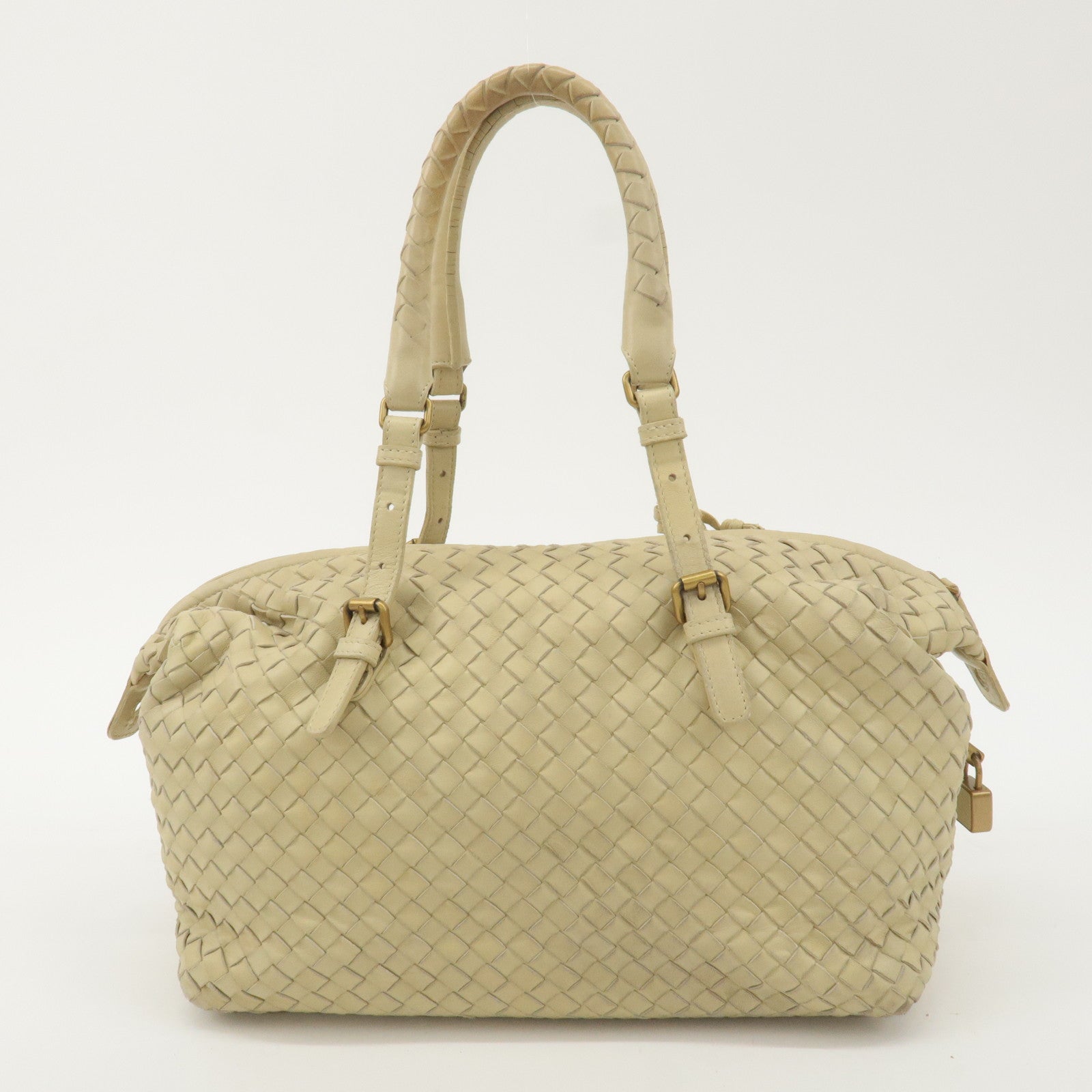 BOTTEGA VENETA Intrecciato Leather Boston Bag Beige 173398