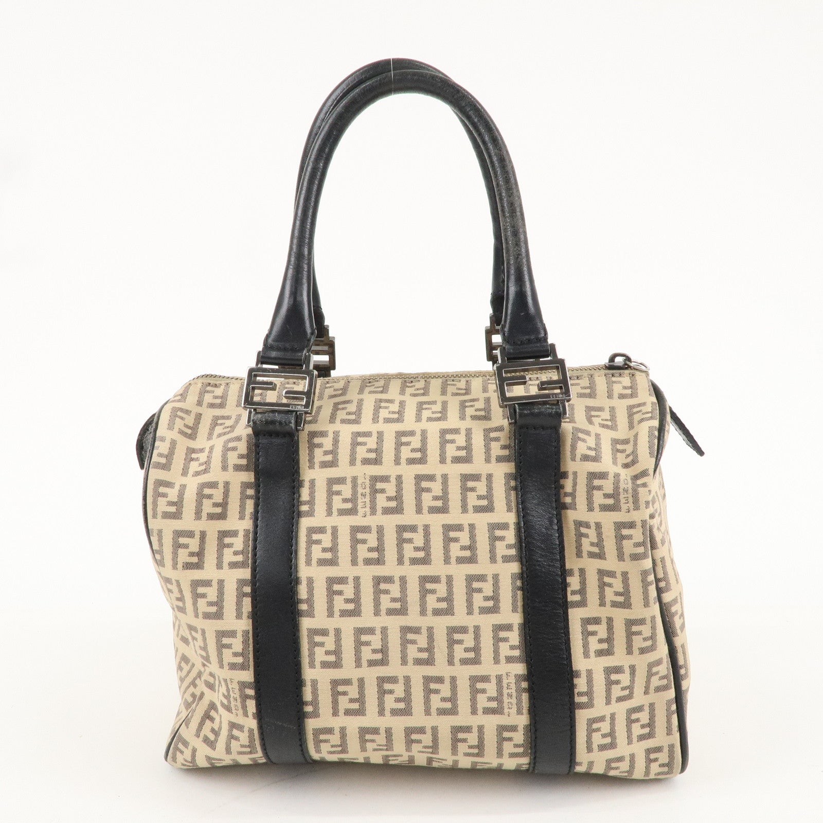 FENDI Zucchino Canvas Leather Mini Boston Bag Beige Black